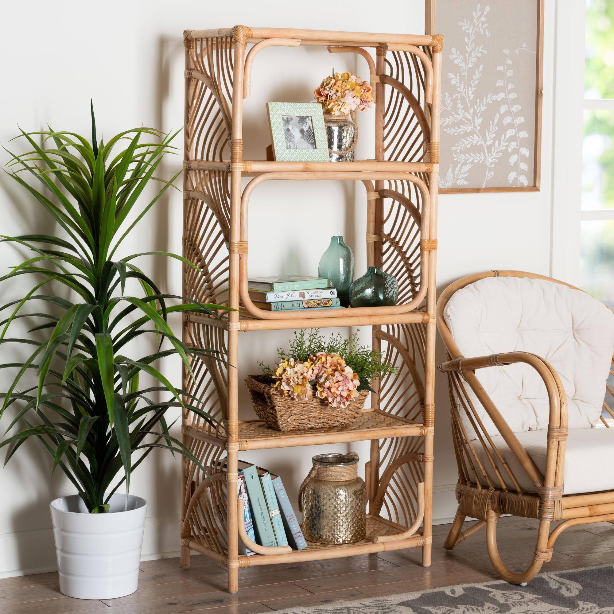 Alt View 2. bali & pari - Baara Natural Rattan 4-Tier Display Shelf - Handcrafted Bookcase with Openwork Side Panels, Boho Coastal Design - Natural.