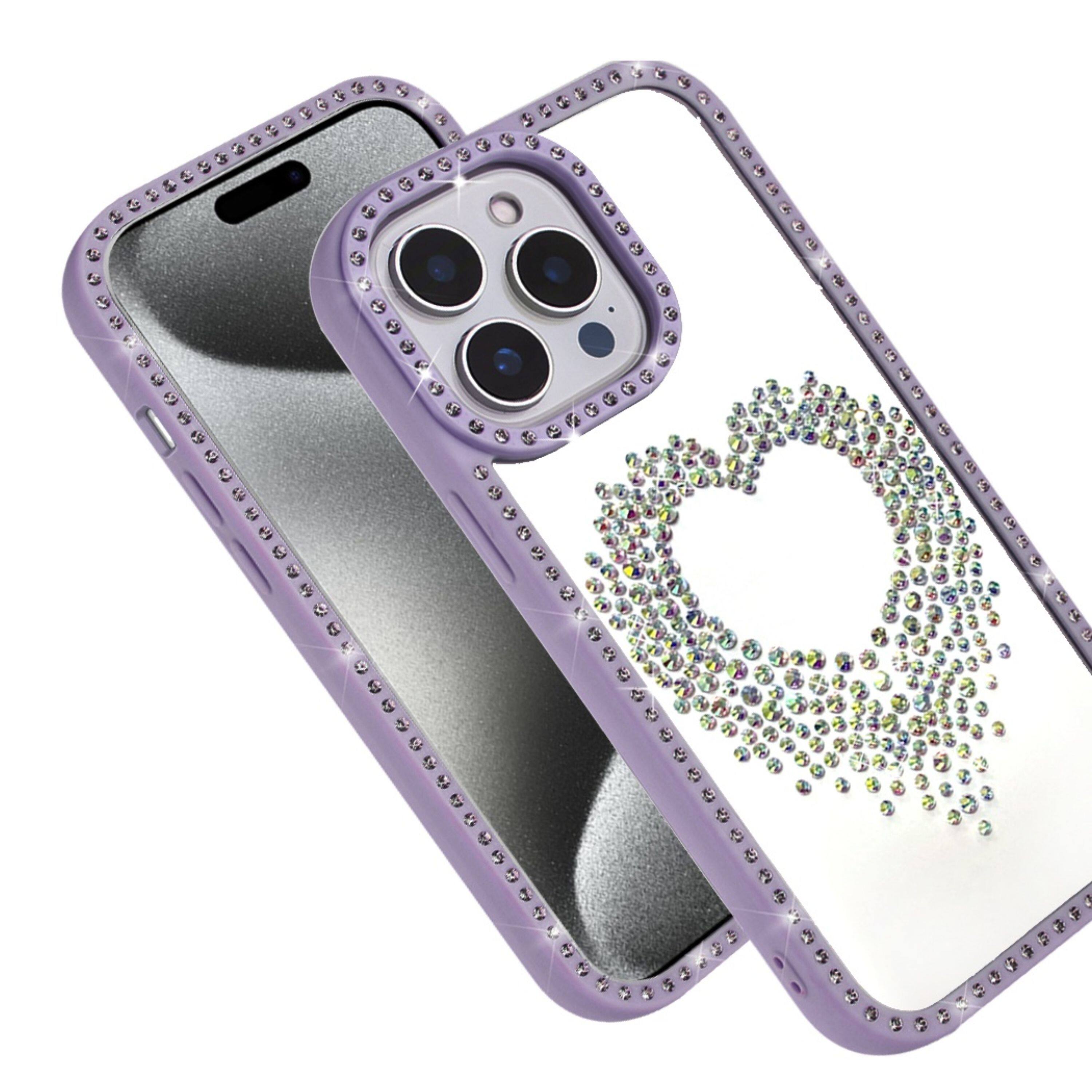 Left. Kitcheniva - Heart Shaped Crystals Border Phone Case With 2 Pcs Tempered Glass For iPhone 15 Pro Max Purple - Purple.