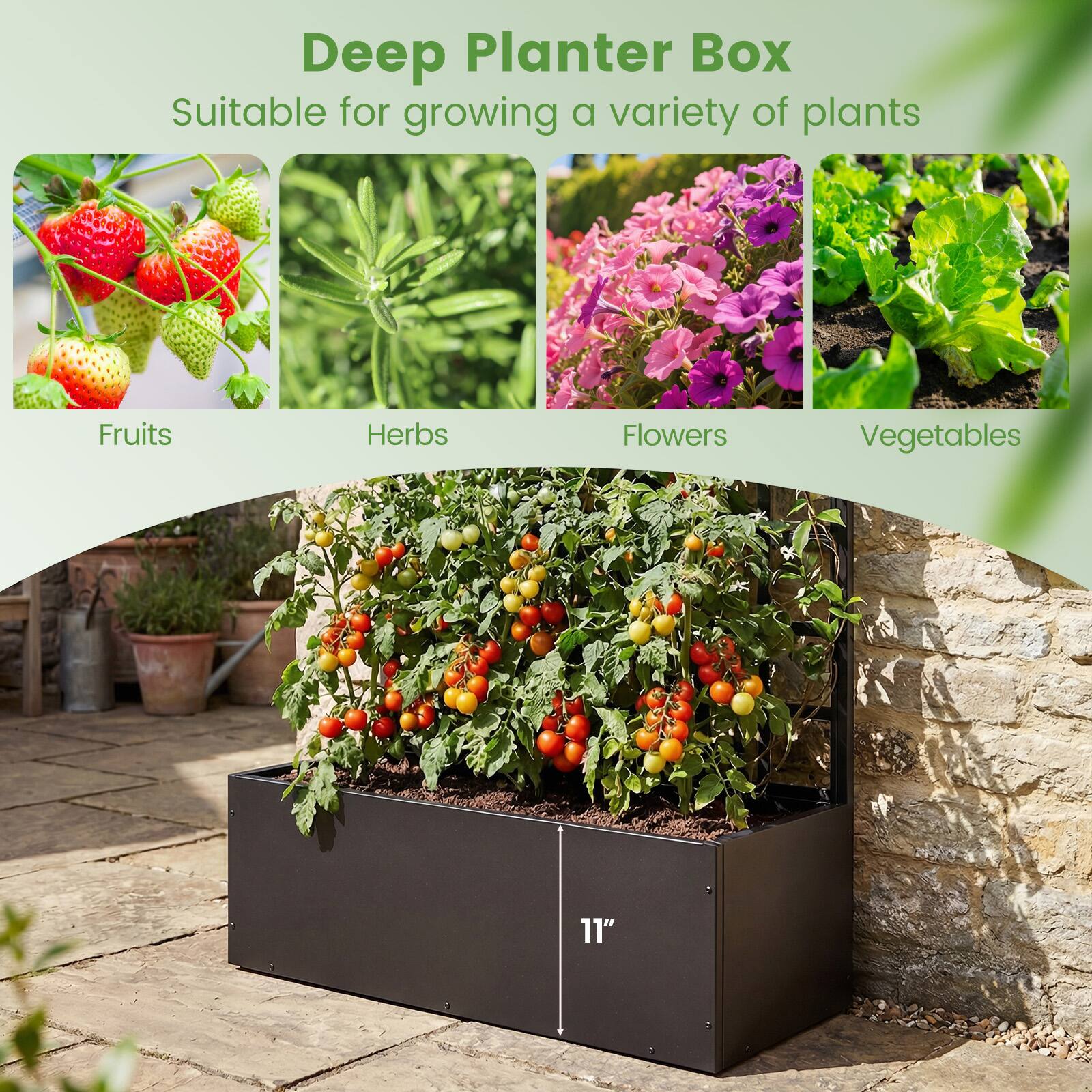 Deep Planter Box  
Suitable for growing a variety of plants  
Fruits  
Herbs  
Flowers  
Vegetables  
11"