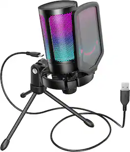 FIFINE - A6V USB Condenser Microphone with RGB Lighting - Plug & Play USB-C, Touch Mute for PC, PS5, Streaming - Black