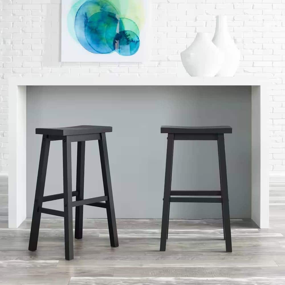 Hivvago - Set of 2 Farmhouse Bar Height Saddle Seat Barstool in Charcoal Wood Finish - Black