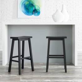 Hivvago - Set of 2 Farmhouse Bar Height Saddle Seat Barstool in Charcoal Wood Finish - Black