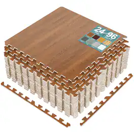 Sorbus - 96 Sq. Ft. Wood Grain Floor Tiles Foam Mat EVA Interlocking Mats Tile 3/8-Inch Thick Flooring Wood Mats w/Borders - Pecan