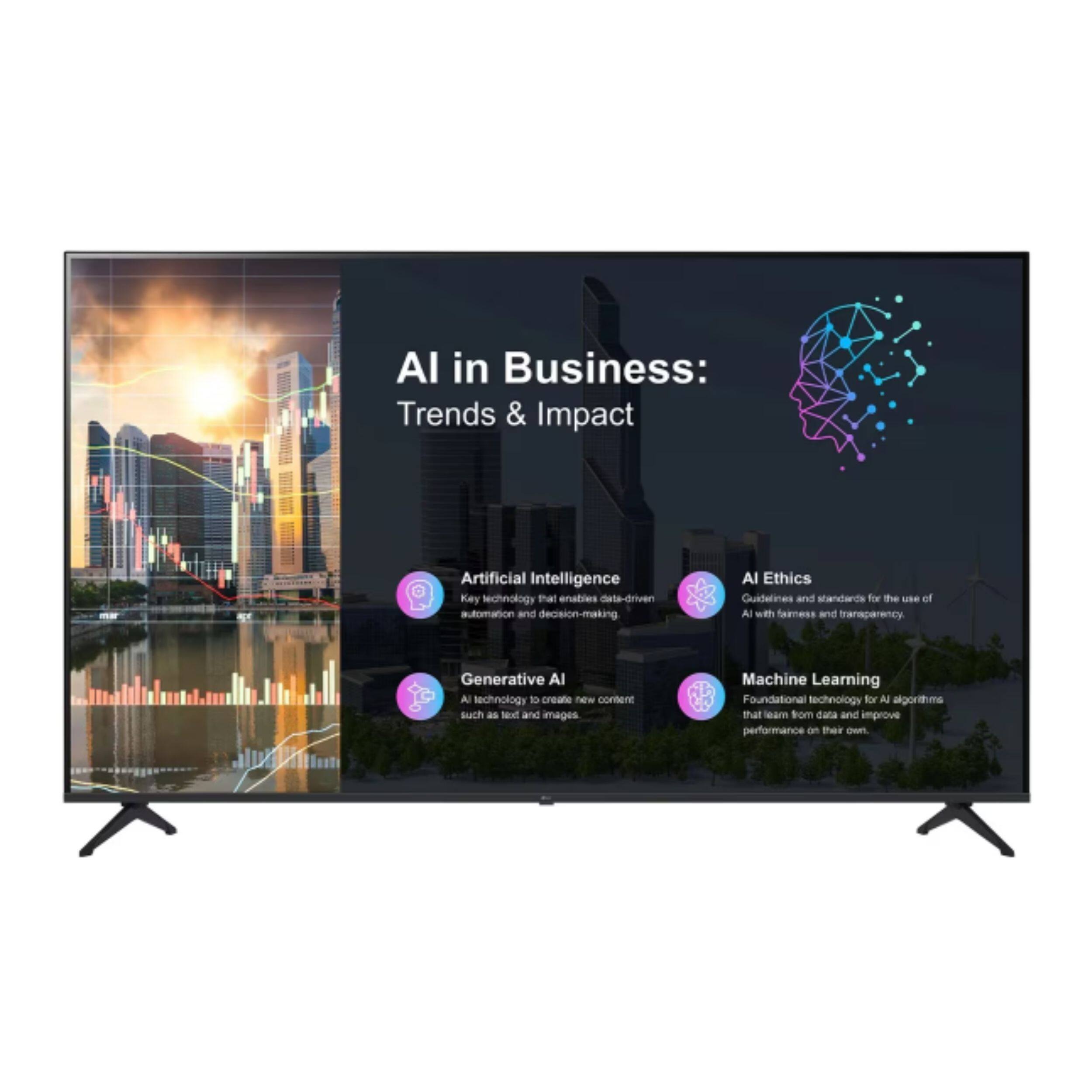 AI in Business: Trends & Impact

Artificial Intelligence  
Key technology that enables data-driven automation and decision-making

AI Ethics  
Guidelines and standards for the use of AI with fairness and transparency

Generative AI  
AI technology to create new content such as text and images

Machine Learning  
Foundational technology for AI algorithms that learn from data and improve performance on their own