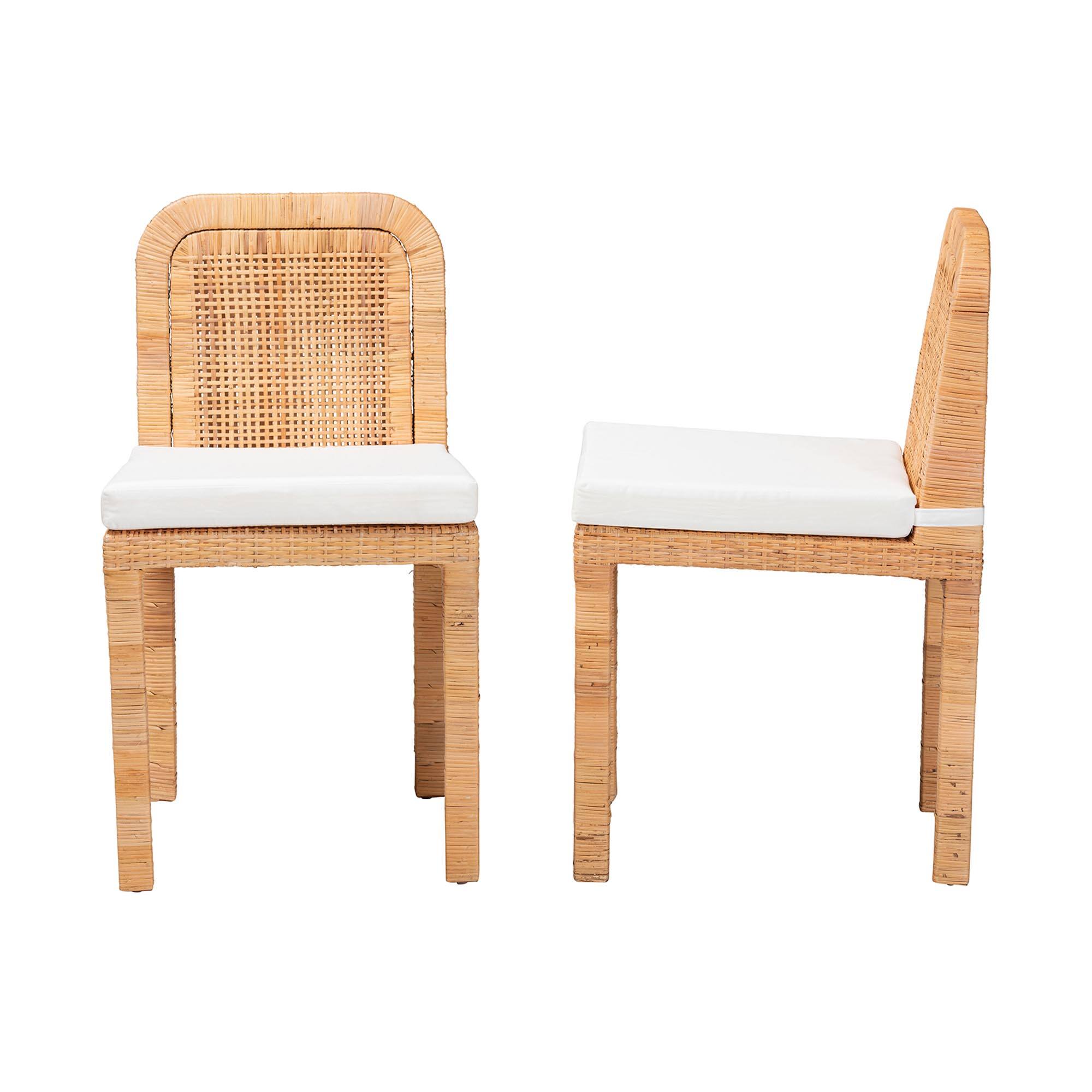 Left. bali & pari - Zariah Modern Bohemian Rattan and Mahogany Wood 2-Piece Dining Chair Set - White/Natural Brown.