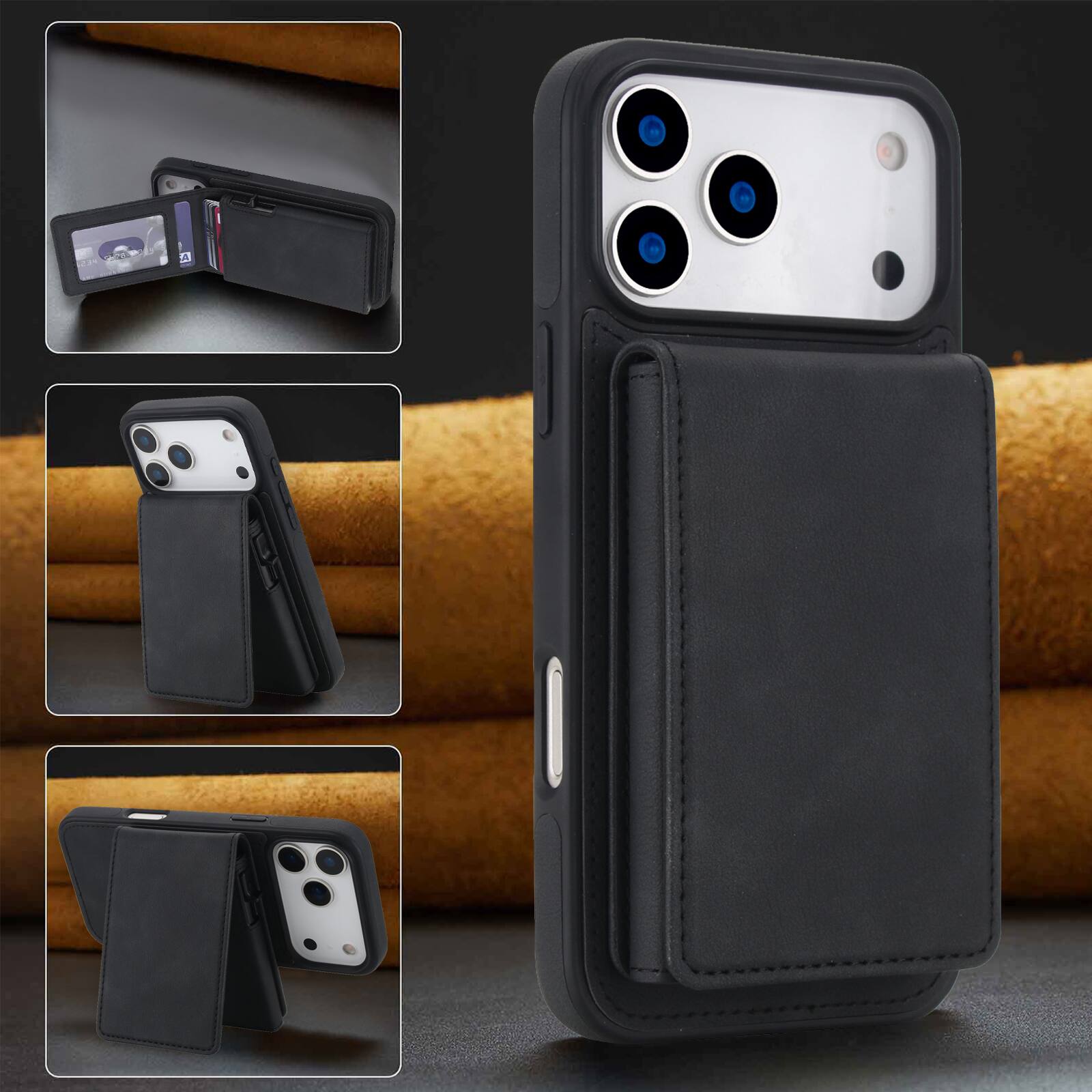 Alt View 2. Dteck - 2-in-1 Magnetic Wallet Case for Apple iPhone 17 Pro, Detachable Card Holder with Stand, RFID Blocking Folio Phone Cover - Black.