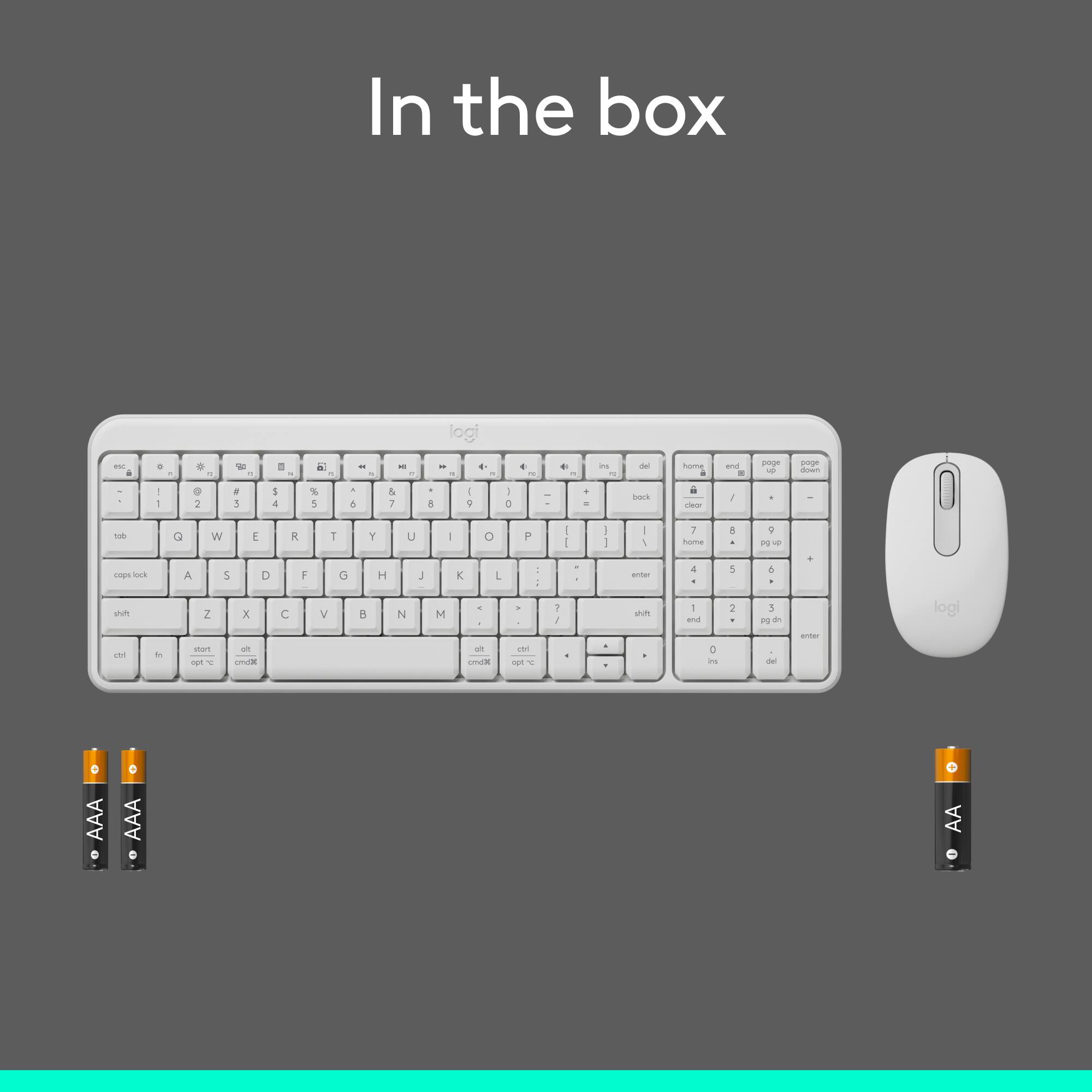 In the box, there is a Logitech keyboard and mouse. The keyboard has a 4-way arrow key and a 4-way scroll wheel. The mouse has a scroll wheel and a back and forward button. The keyboard also has a home and end key, as well as a page up and page down key. Additionally, there are two batteries included with the keyboard and mouse.