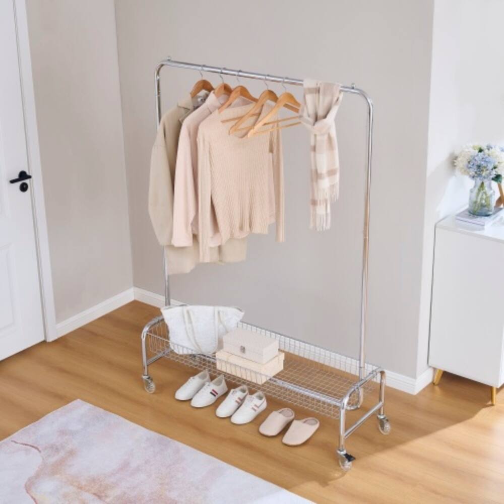 Angle. LUCKY ONE - Rolling Garment Rack w/ Basket Heavy Duty 800LBS 2-Piece Set on Wheels - Silver.