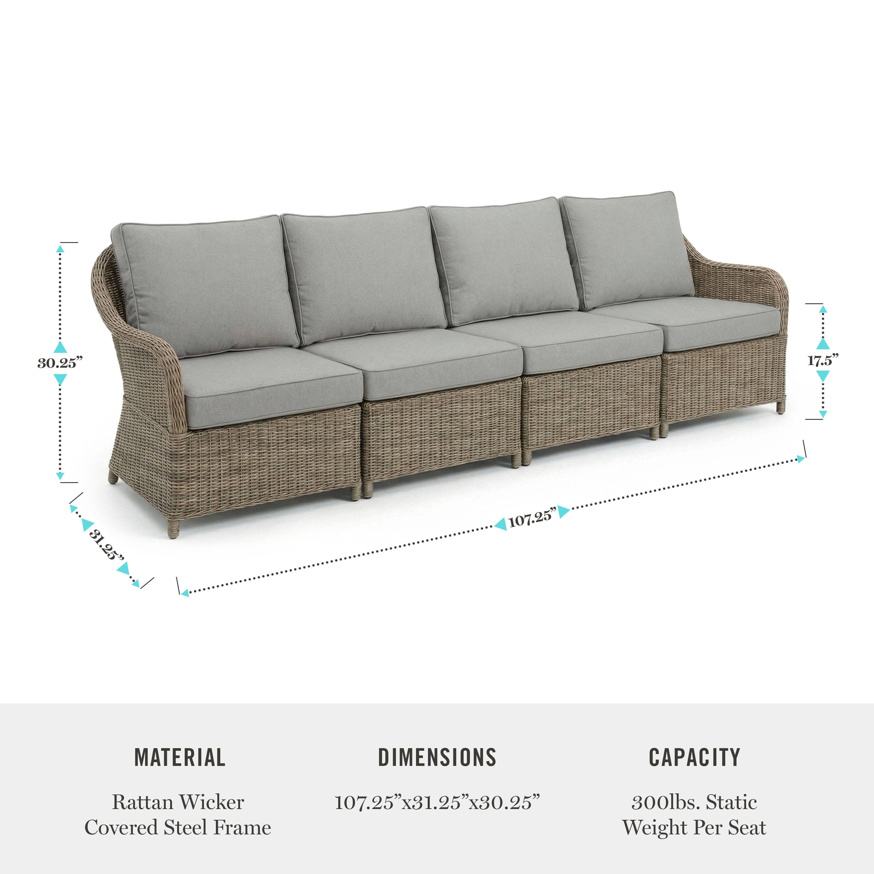 - MATERIAL: Rattan Wicker, Covered Steel Frame
- DIMENSIONS: 107.25" x 31.25" x 30.25"
- CAPACITY: 300lbs. Static Weight Per Seat