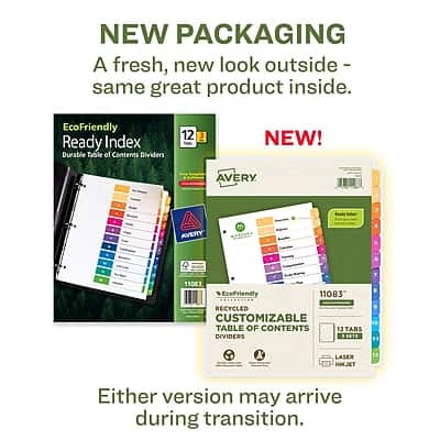 NEW PACKAGING
A fresh, new look outside - same great product inside.
NEW!
EcoFriendly Ready Index
Durable Table of Contents Dividers 12 Tabs
AVERY
11083
EcoFriendly
RECYCLED
CUSTOMIZABLE
TABLE OF CONTENTS
DIVIDERS
12 TABS
BETTER FOR LASER
& INKJET
Either version may arrive during transition.