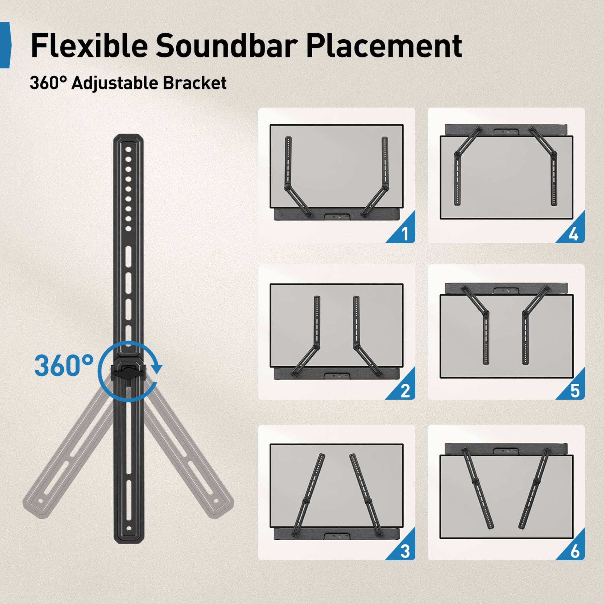 Flexible Soundbar Placement 360° Adjustable Bracket 1 4 360° 2 5 3 6
