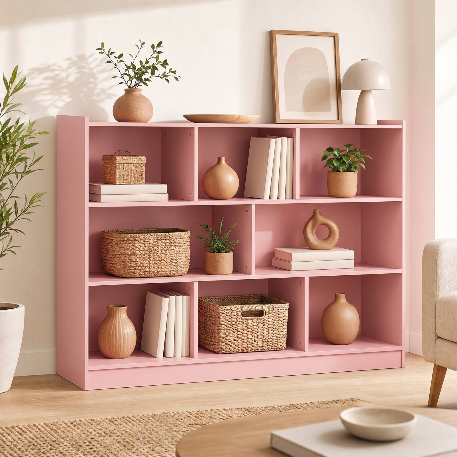 Alt View 3. Costway - Costway 8 Cube 3-Tier Open Wooden Bookshelf Toy Storage Organizer with Anti-toppling Kits - Pink.