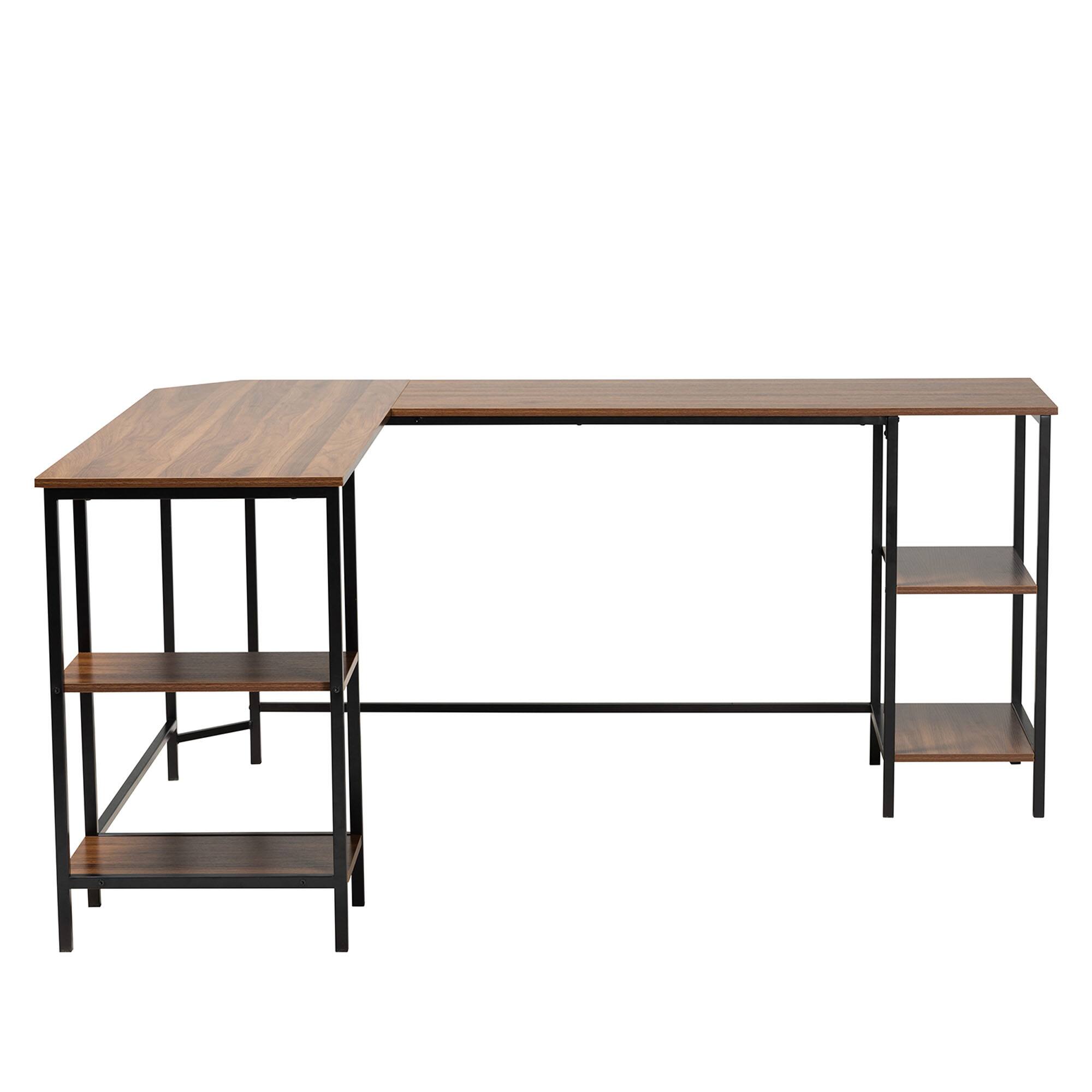 Angle. Baxton Studio - Lydia Modern Finished Wood and Metal L-Shaped Corner Desk with Shelves - Walnut Brown/Black.