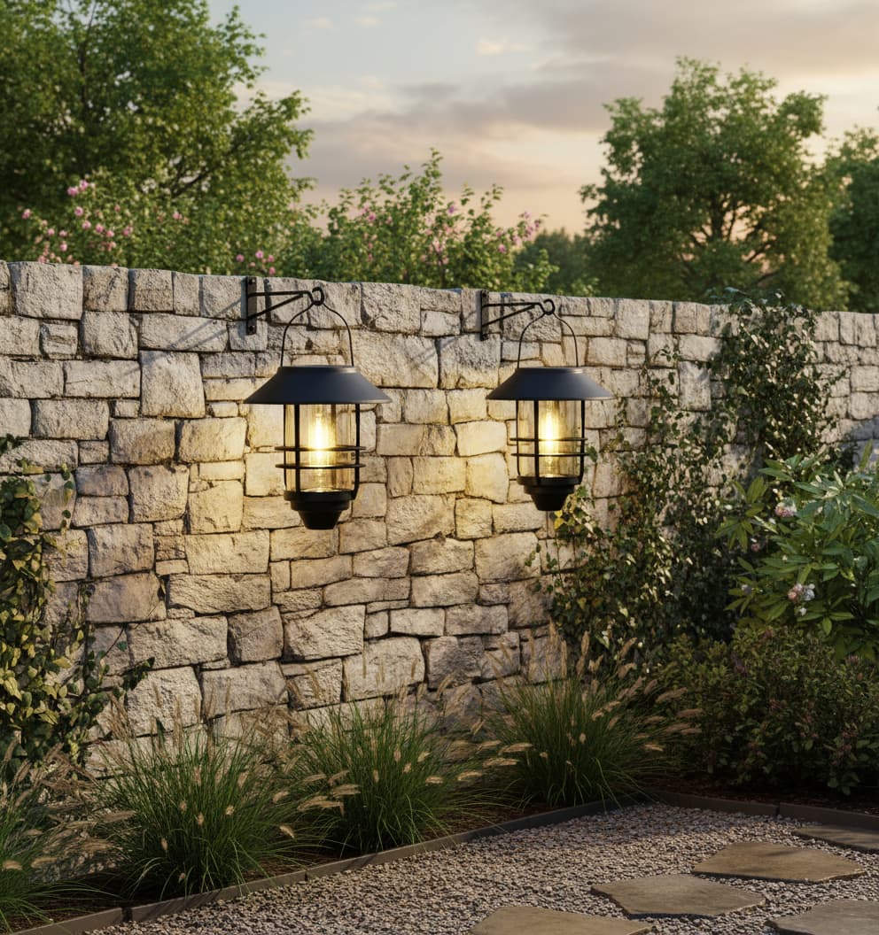 Alt View 3. FINEAK - 11" 2 Pack Solar Hanging Lanterns - Glass Metal Waterproof with Wall Mount Kit - Black.