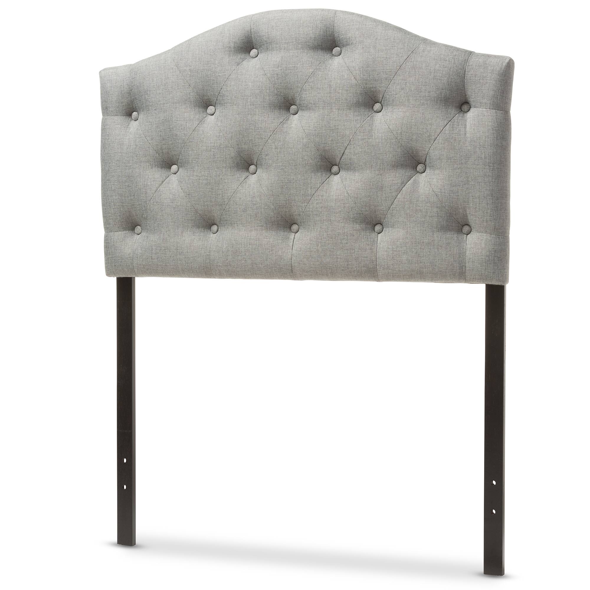 Angle. Baxton Studio - Myra Modern and Contemporary Fabric Upholstered Button-Tufted Scalloped Twin Size Headboard - Grey.