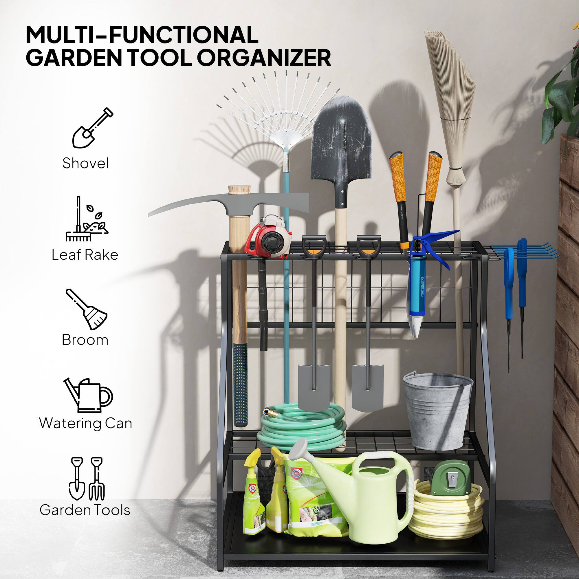 MULTI-FUNCTIONAL GARDEN TOOL ORGANIZER

- Shovel
- Leaf Rake
- Broom
- Watering Can
- Garden Tools