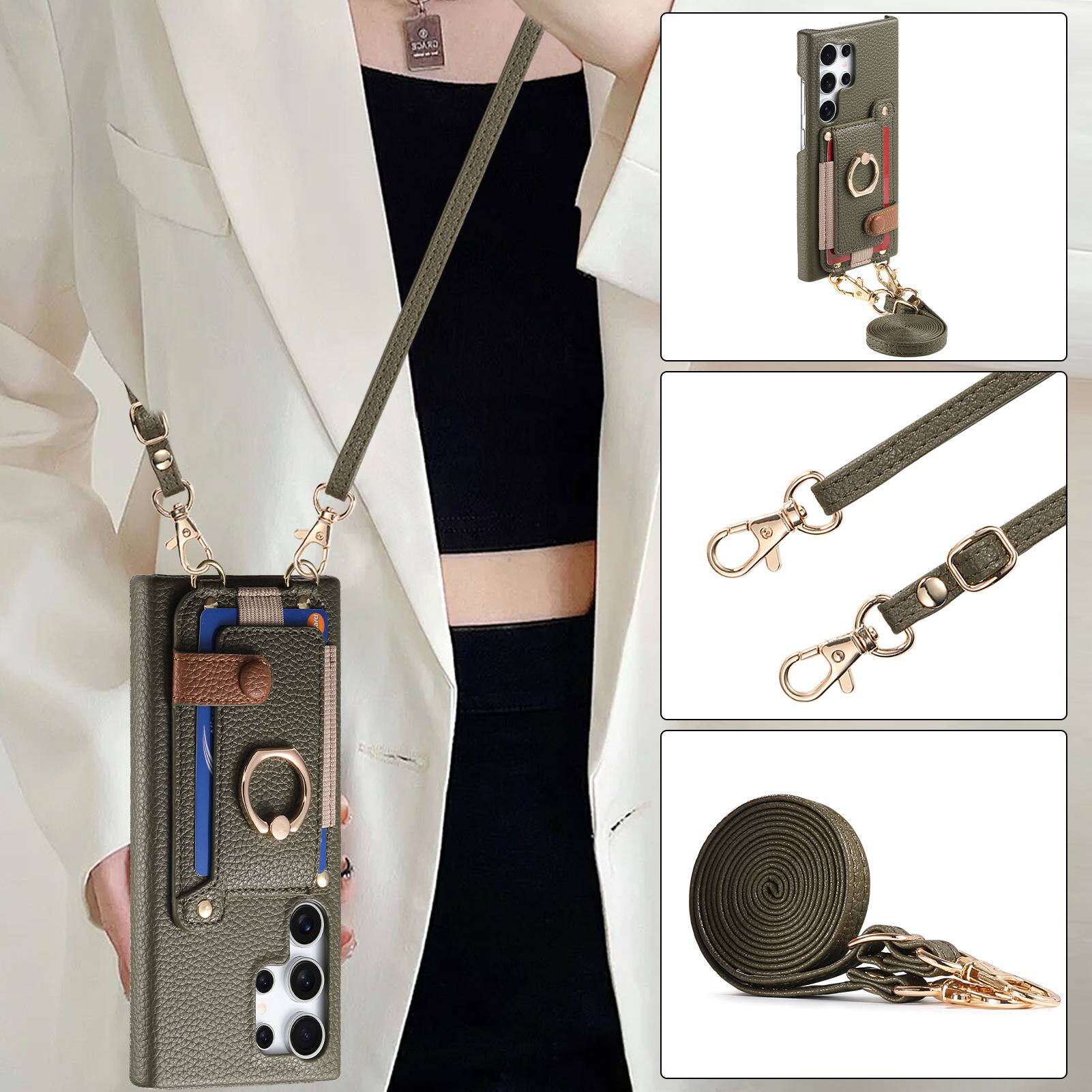 Alt View 5. Dteck - Lychee Texture Wallet Case for Samsung Galaxy S24 Ultra with Ring Stand,Crossbody Faux Leather Cover with Card Holder - Midnightgreen.