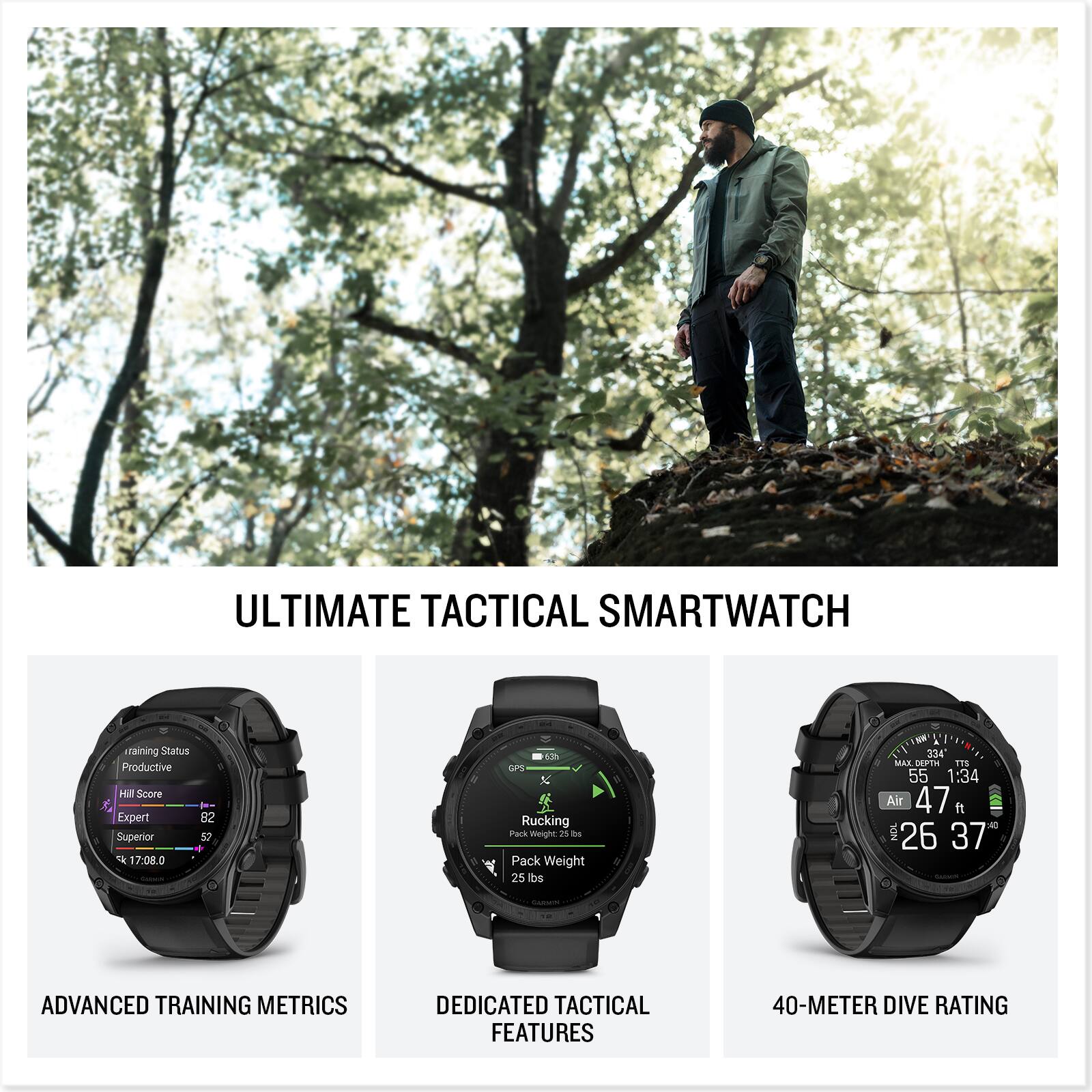 ULTIMATE TACTICAL SMARTWATCH

ADVANCED TRAINING METRICS
- Training Status: Productive
- Hill Score: 82
- Expert: 69
- Superior: 17-08.0

DEDICATED TACTICAL FEATURES
- Rucking
- Pack Weight: 25 lbs

40-METER DIVE RATING
- Air: 47 ft
- 26 37

GPS: 334 TTS
MAX. DISTANCE: 55 1:34