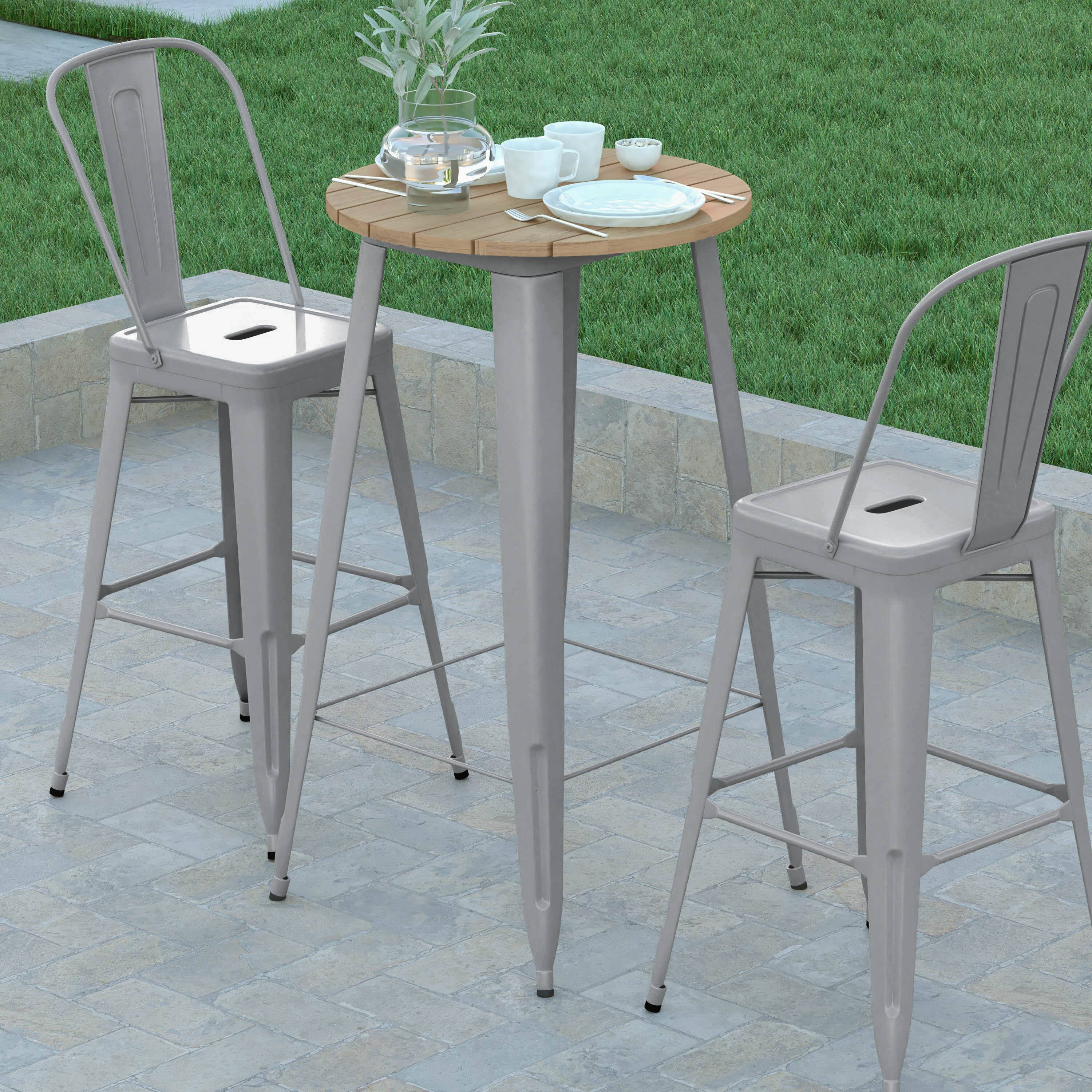 Alt View 3. Emma + Oliver - Drew Indoor/Outdoor Bar Top Table, 23.75" Round All Weather Poly Resin Top with Steel base - Brown Top/Silver Frame.