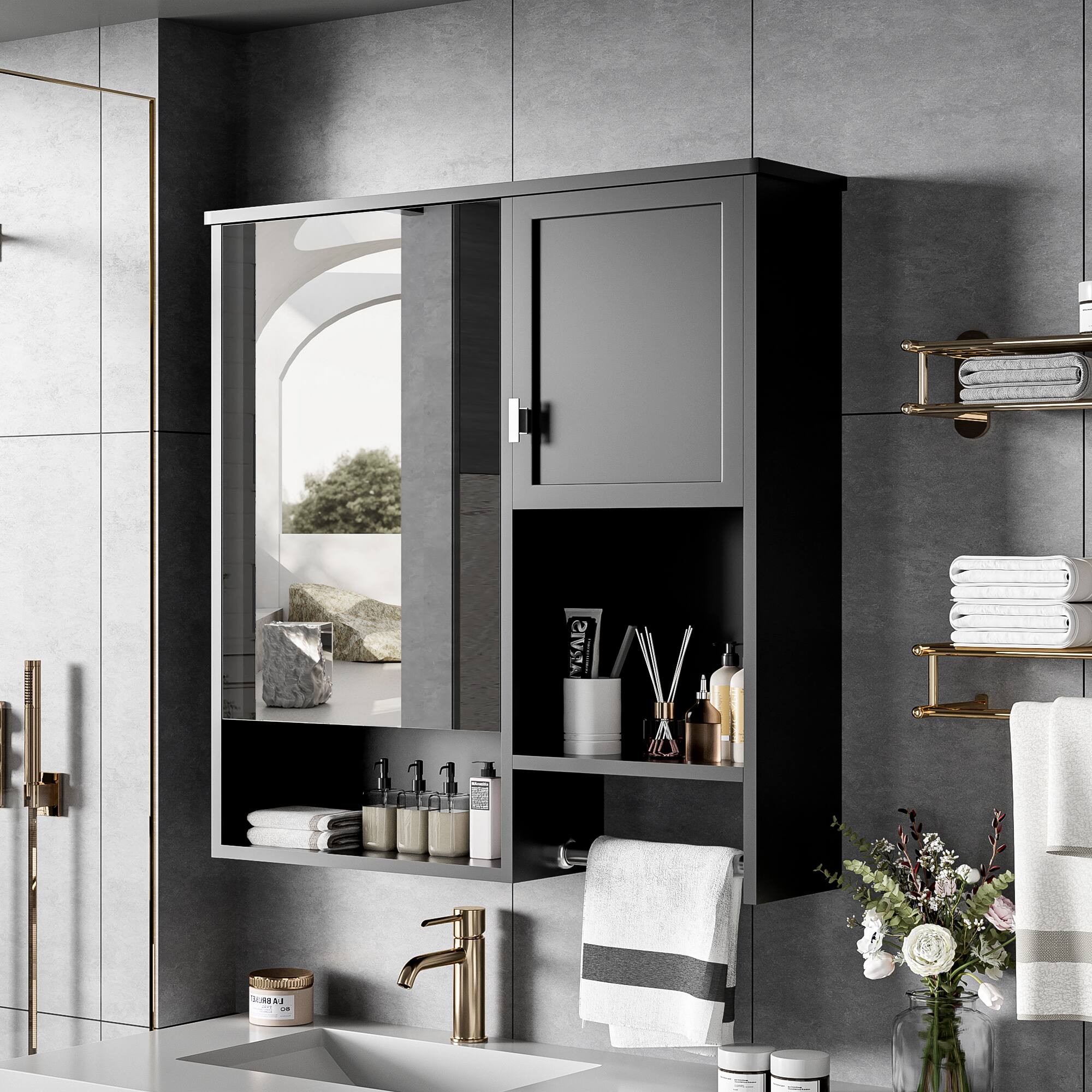 Alt View 9. Ecooso - 29x28in Bathroom Storage Cabinet with Mirror, Wall Mounted Medicine Organizer with Bar - Black.