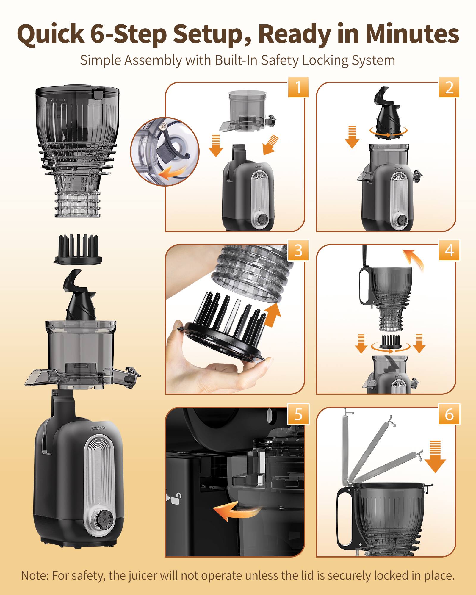 Quick 6-Step Setup, Ready in Minutes  
Simple Assembly with Built-In Safety Locking System  

1.  
2.  
3.  
4.  
5.  
6.  

Note: For safety, the juicer will not operate unless the lid is securely locked in place.