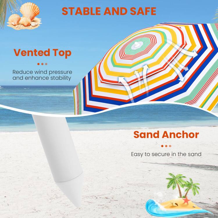 STABLE AND SAFE

Vented Top
Reduce wind pressure and enhance stability

Sand Anchor
Easy to secure in the sand