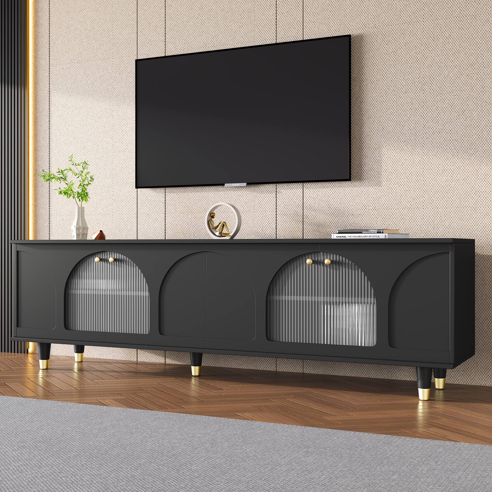 Front. APRILSOUL - Contemporary TV Stand for TVs Up to 78 Gold Handles Arch Fluted Glass Black Living Room - Black.