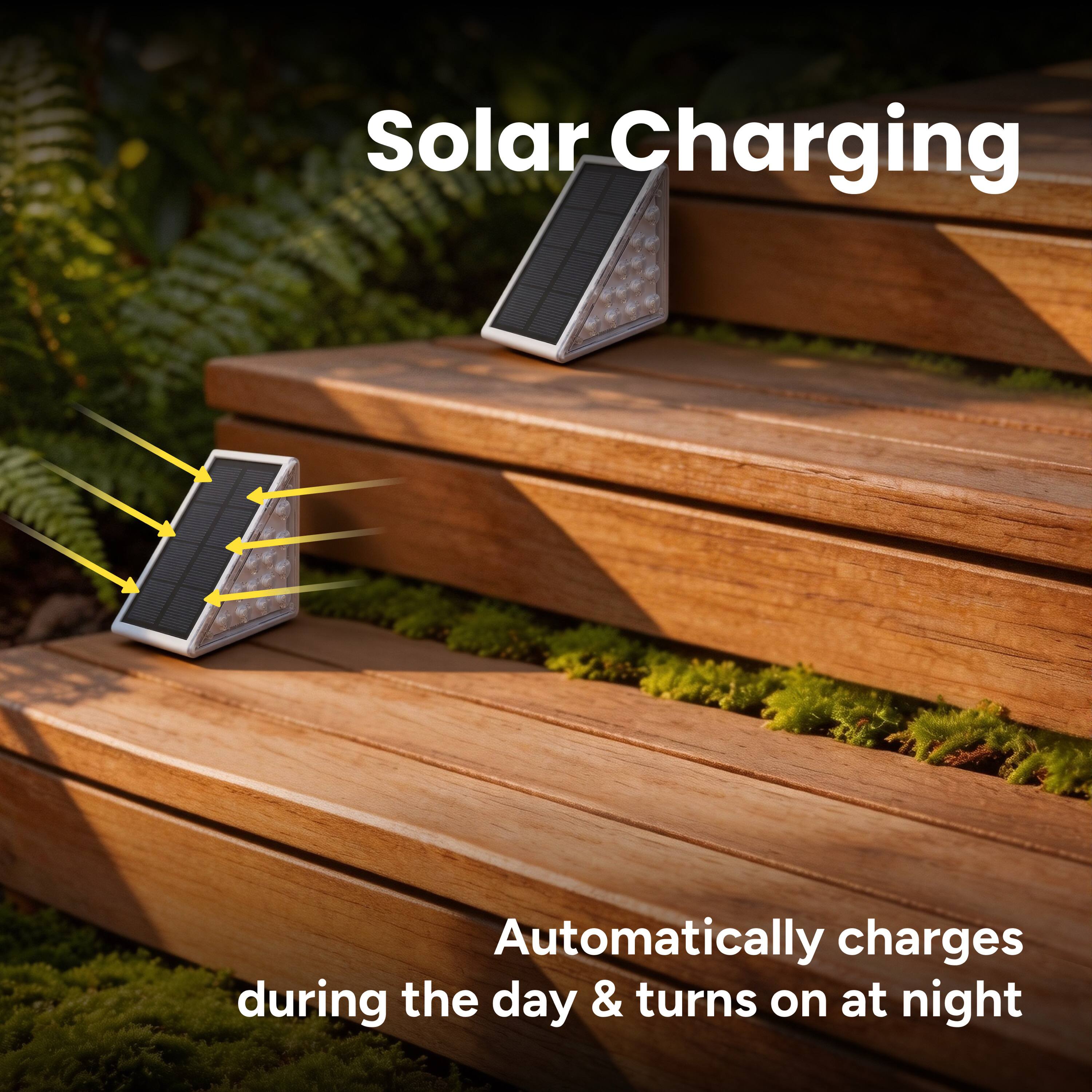 Solar Charging  
Automatically charges during the day & turns on at night