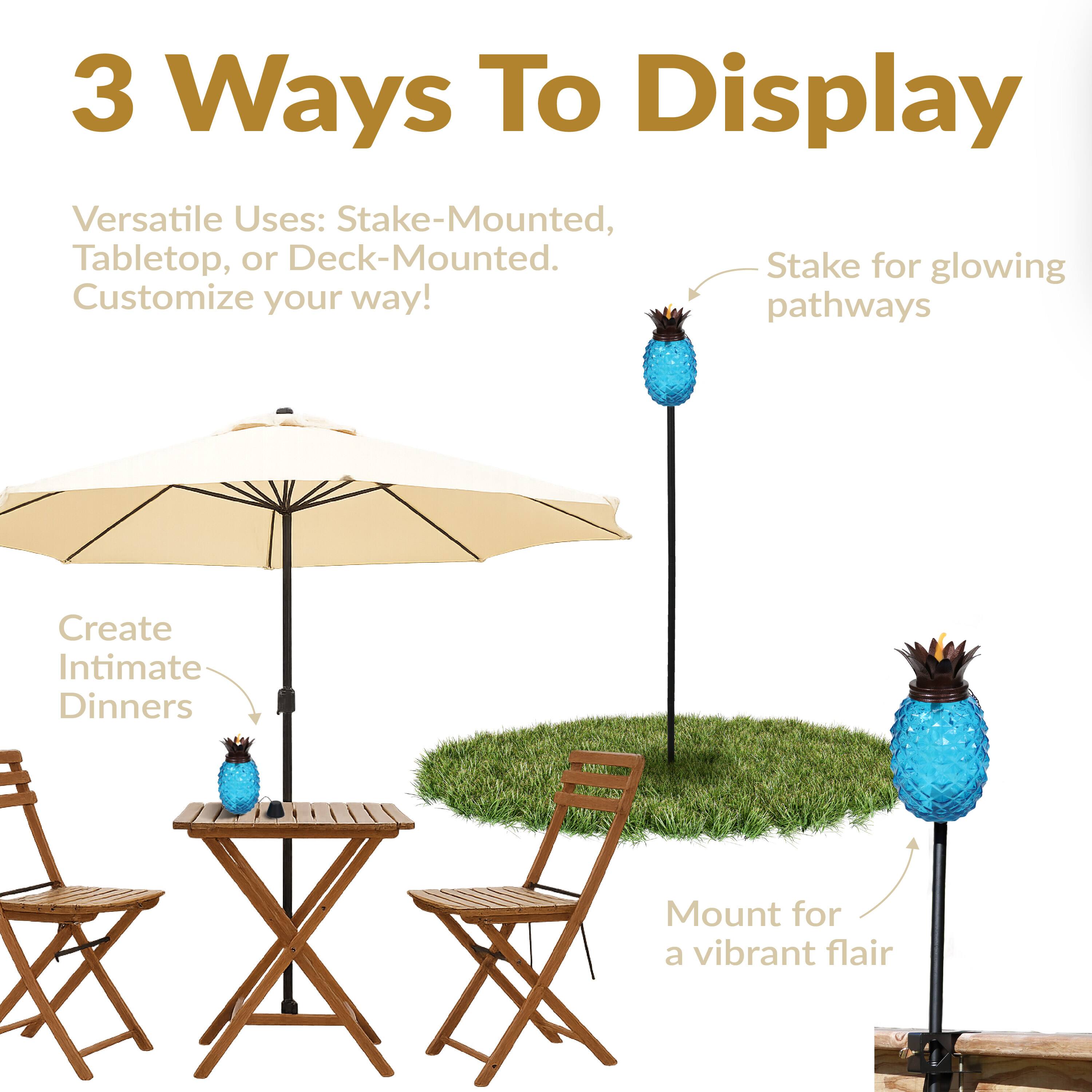 3 Ways To Display

Versatile Uses: Stake-Mounted, Tabletop, or Deck-Mounted. Customize your way!

- Stake for glowing pathways
- Create Intimate Dinners
- Mount for a vibrant flair