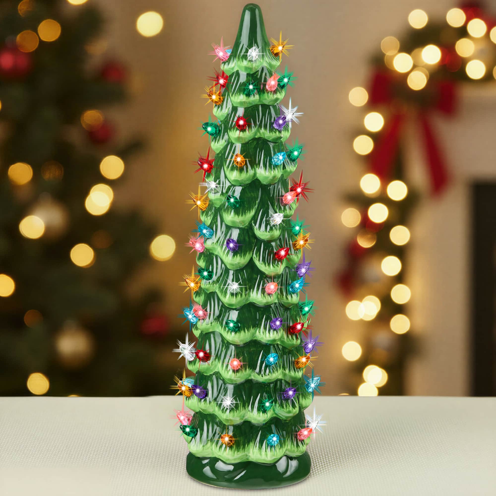 Best Choice Products - Ceramic Christmas Tree, 15in Hand-Painted Holiday Decor w/Multicolor LED Lights Green - Green w/ Multicolor Lights