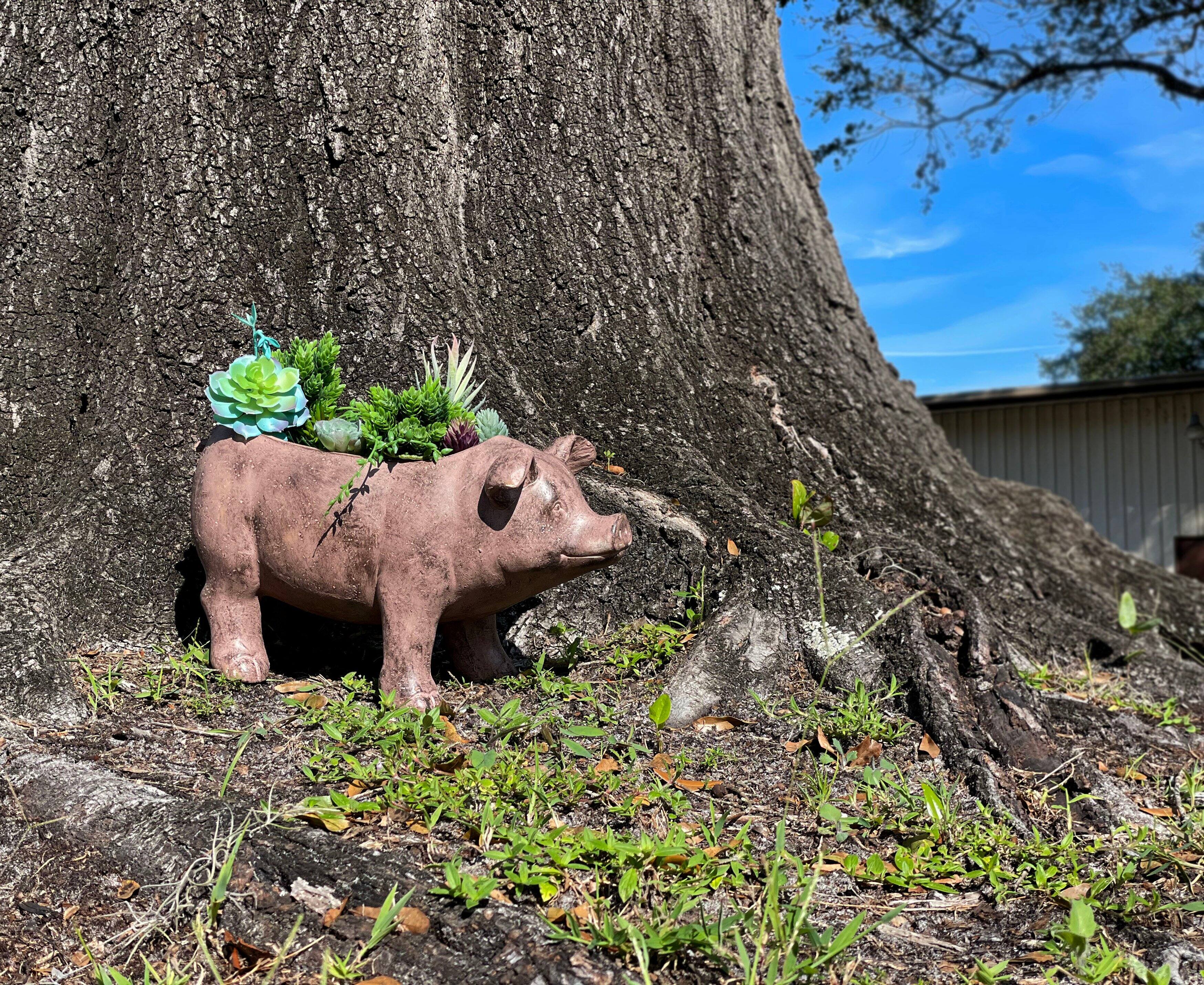 Alt View 4. Zeckos - 17 Inch Long Rustic Brown Finish Smiling Pig Planter - Brown.