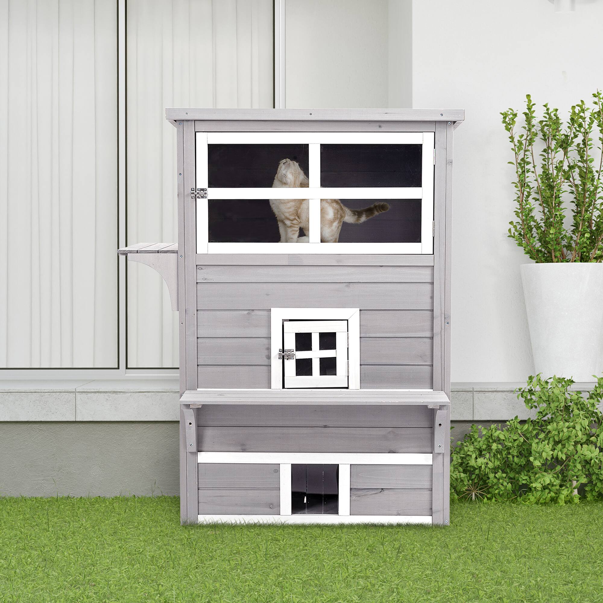 Alt View 4. Siljoy - Grey 3‑Story Cat House, Outdoor Feral Shelter with Asphalt Roof, 5 Doors & Jump Platforms.