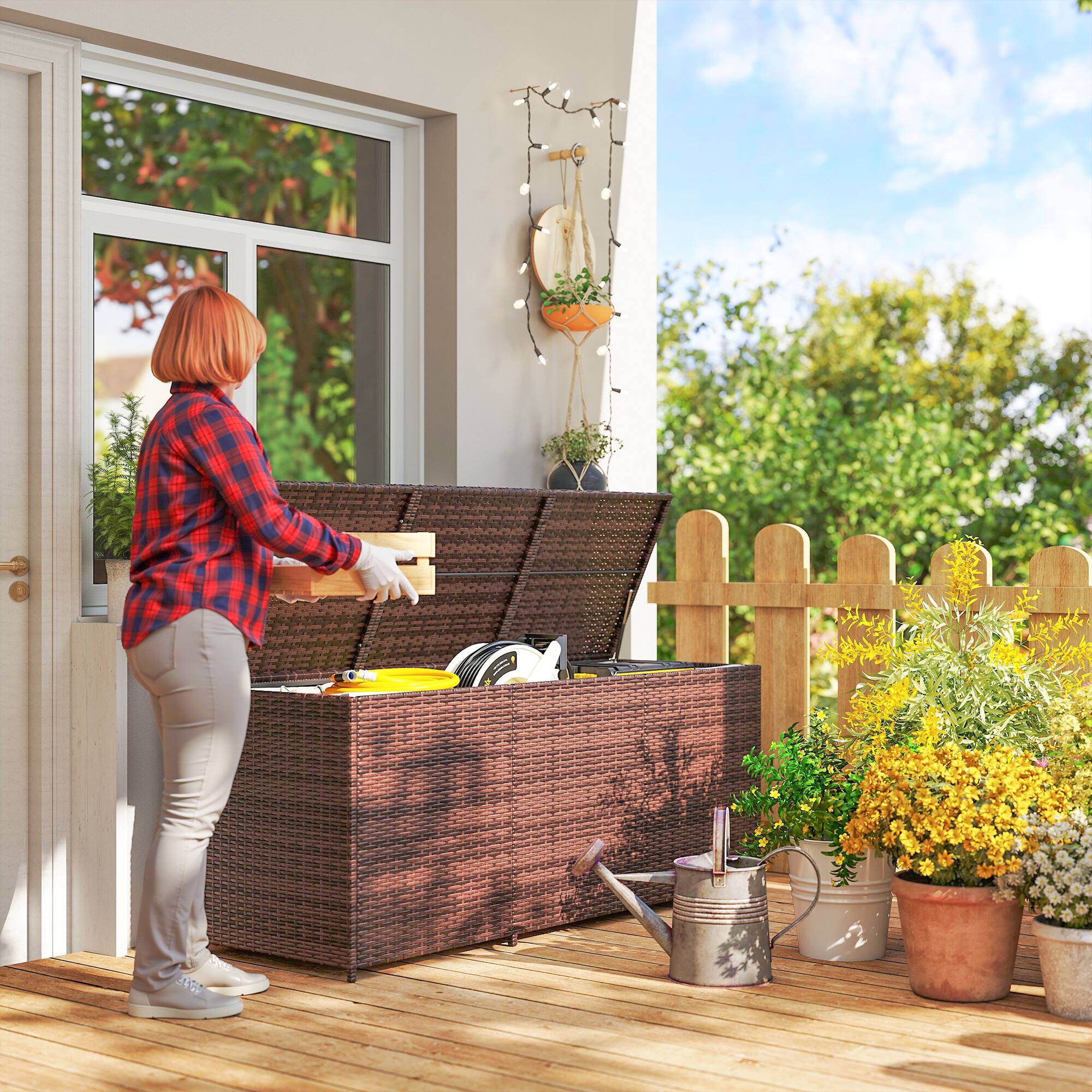 Alt View 1. Outsunny - Gallon Outdoor Storage Box with Inner Liner, PE Rattan Wicker Deck Box with Pneumatic Bar Lift - Brown.