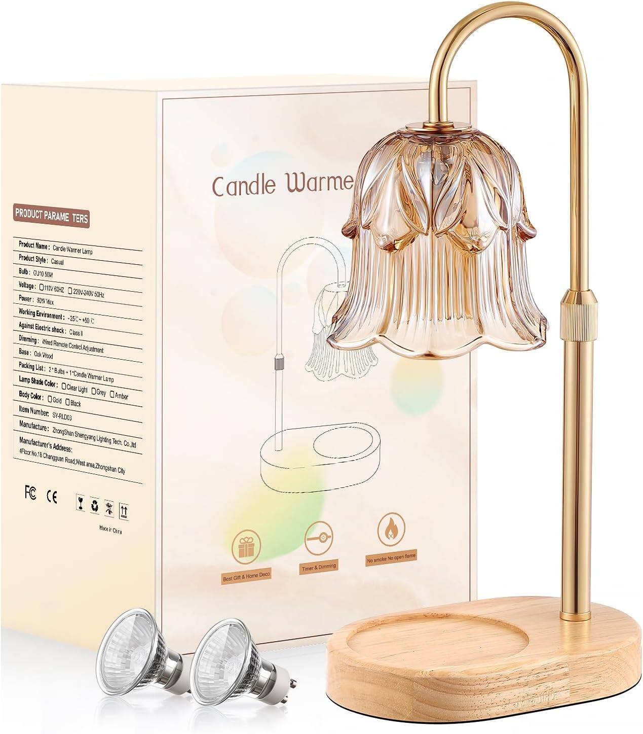 **PRODUCT PARAMETERS**

- **Product Name:** Candle Warmer Lamp
- **Product Style:** Candle
- **Ball:** CUP909
- **Voltage:** 100-240V 50/60Hz
- **Power:** 50W Max
- **Working Environment:** 25°C~40°C
- **Against Electric Shock:** Class I
- **Dimming:** Wind Remote Controlled Adjustment
- **Base:** Oak Wood
- **Packing List:** 2 'Edb *Candle Warmer Lamp w/ Bulb
- **Lamp Shade Color:** Gold, Black, Gray, Amber
- **Body Color:** Gold, Black
- **Item Number:** SHRLD06
- **Manufacturer:** Zhejiang Shengying Lighting Tech Co., Ltd
- **Manufacturer's Address:** #16, Changguse Road West, East Zhejiang City
- **FC CE**

**Packing List:**
- 2 'Edb *Candle Warmer Lamp w/ Bulb

**Lamp Shade Color:**
- Gold
- Black
- Gray
- Amber

**Body Color:**
- Gold
- Black

**