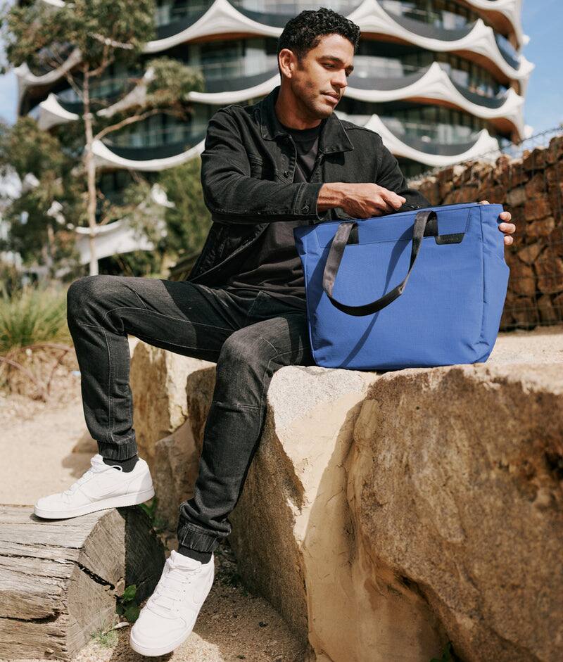 Alt View 6. ALPAKA - Metro Tote Laptop Tote Bag for Work, Work Tote Fits 16" MacBook Pro, Side Bottle Pocket, Weather-Resistant, Key Tether - Blue Axoflux 210D.