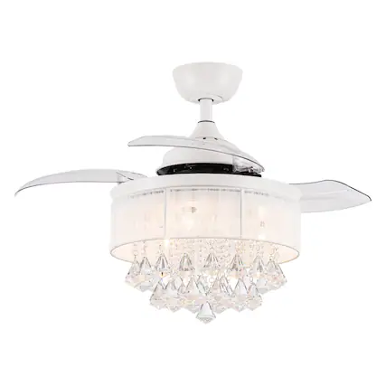 Front. Parrot Uncle - 36" White Retractable 3-blade Crystal Ceiling Fan Chandelier with Remote - Matte White.