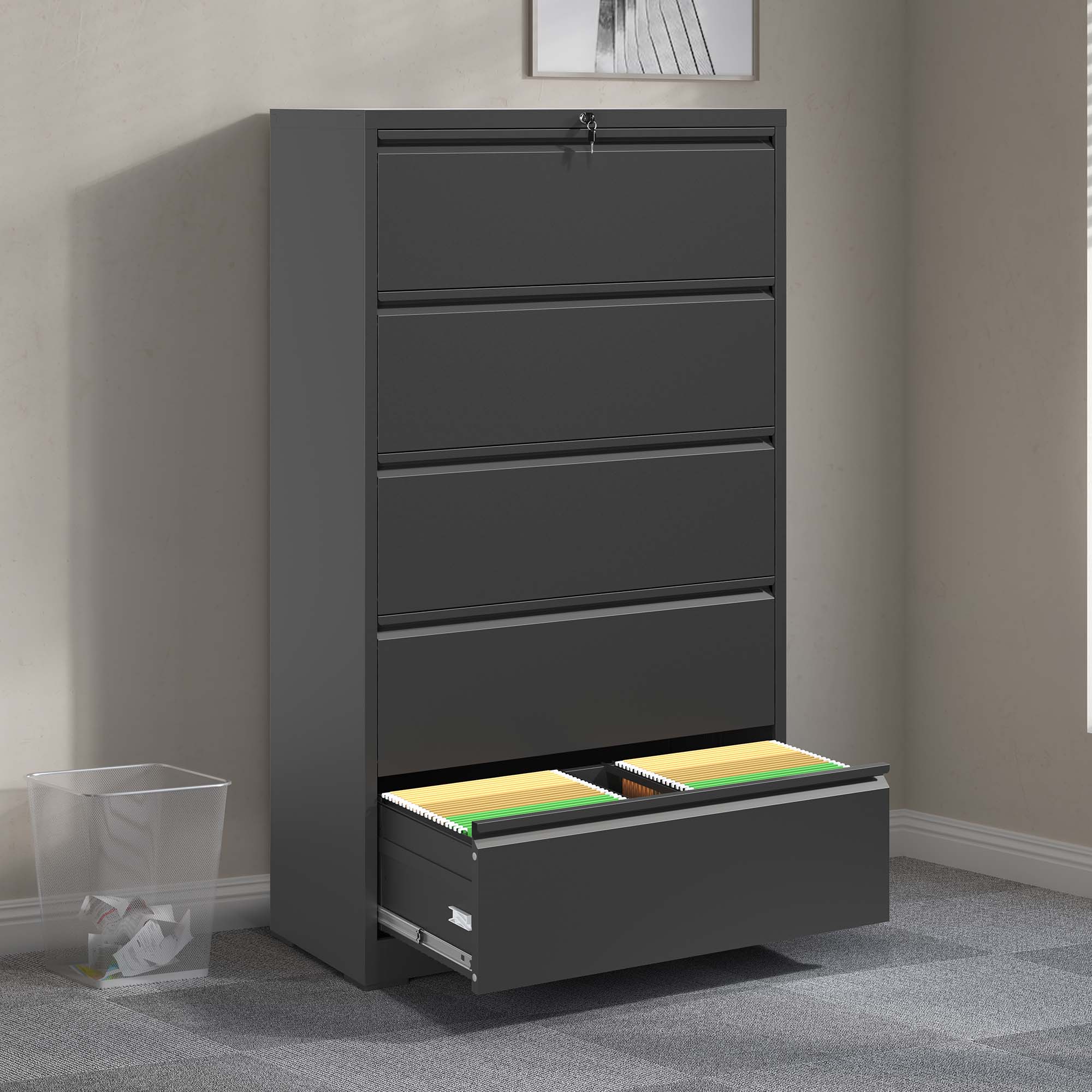 Left. Dexmalle - Dexmalle-5 Drawer Metal Lateral File Cabinet with Lock-Black.