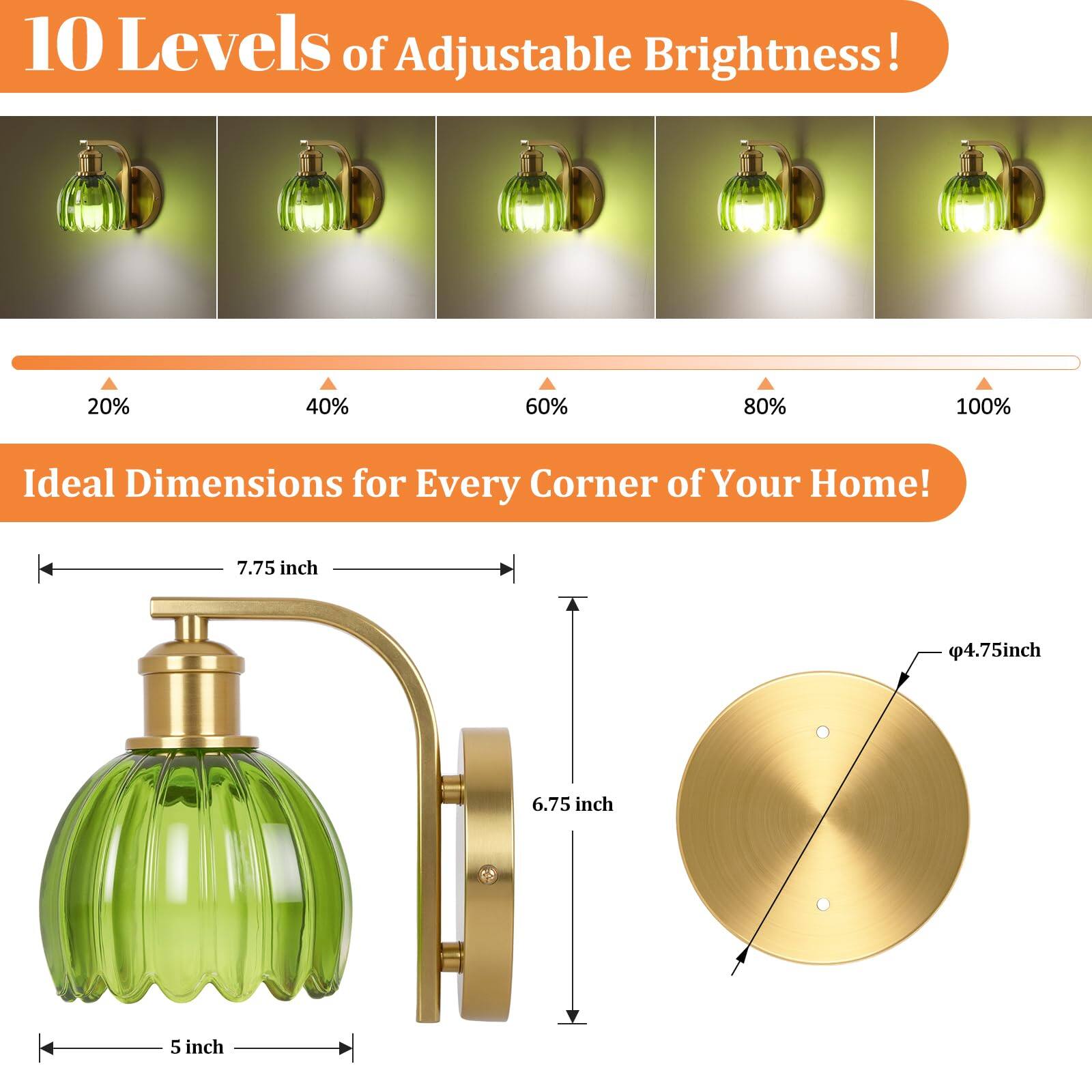 10 Levels of Adjustable Brightness!  
20% 40% 60% 80% 100%  

Ideal Dimensions for Every Corner of Your Home!  
7.75 inch  
6.75 inch  
5 inch  
4.75 inch