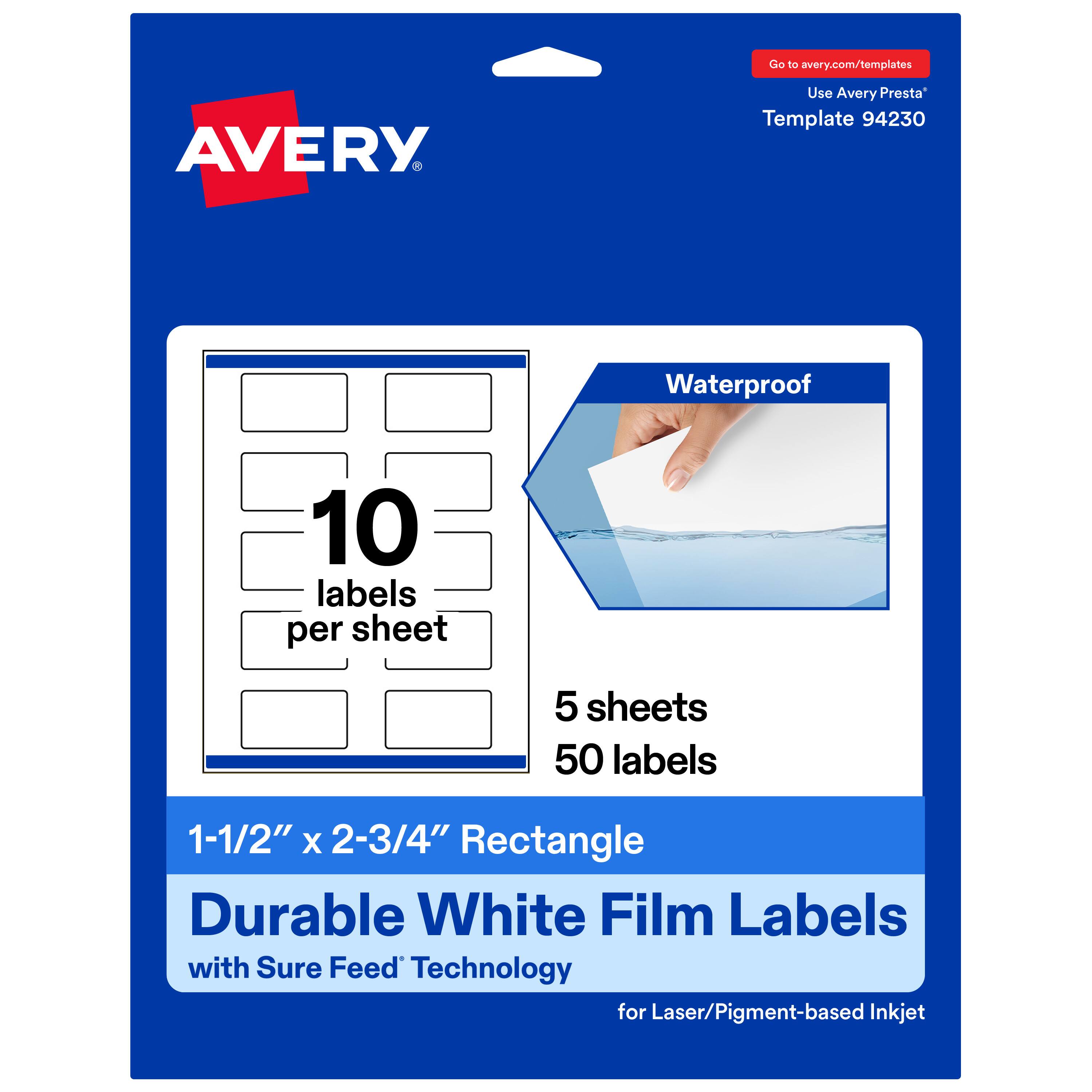 Go to avery.com/templates  
Use Avery Presta™ Template 94230  

Waterproof  
10 labels per sheet  
5 sheets  
50 labels  

1-1/2" x 2-3/4" Rectangle  
Durable White Film Labels with Sure Feed™ Technology for Laser/Pigment-based Inkjet