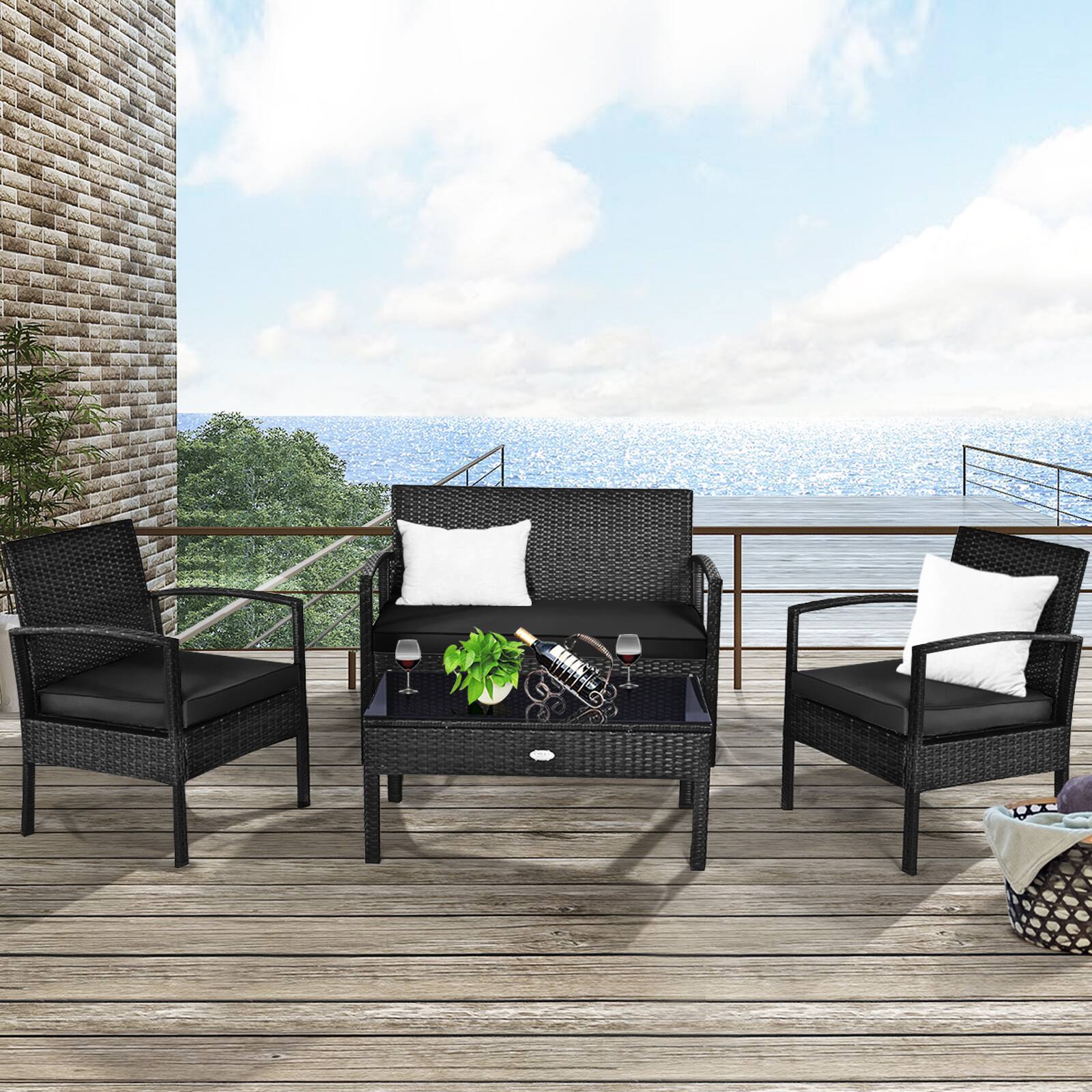 Alt View 3. Gymax - Gymax Set Of 4 Outdoor Patio Rattan Furniture Set Cushioned Sofa Coffee Table Garden Deck - Black.