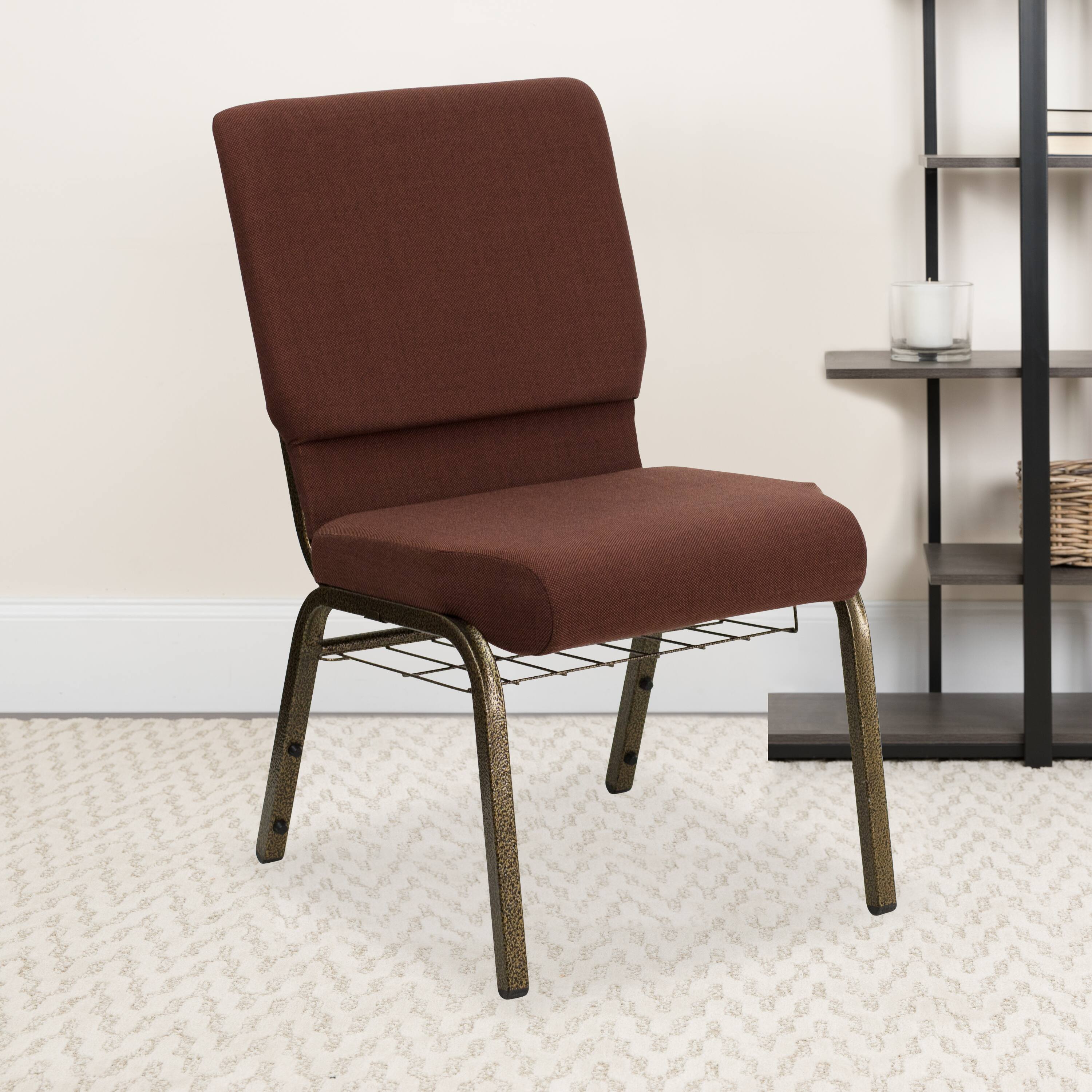 Alt View 1. Emma + Oliver - 18.5"W Church/Reception Guest Chair with Communion Cup Book Rack - Brown Fabric/Gold Vein Frame.