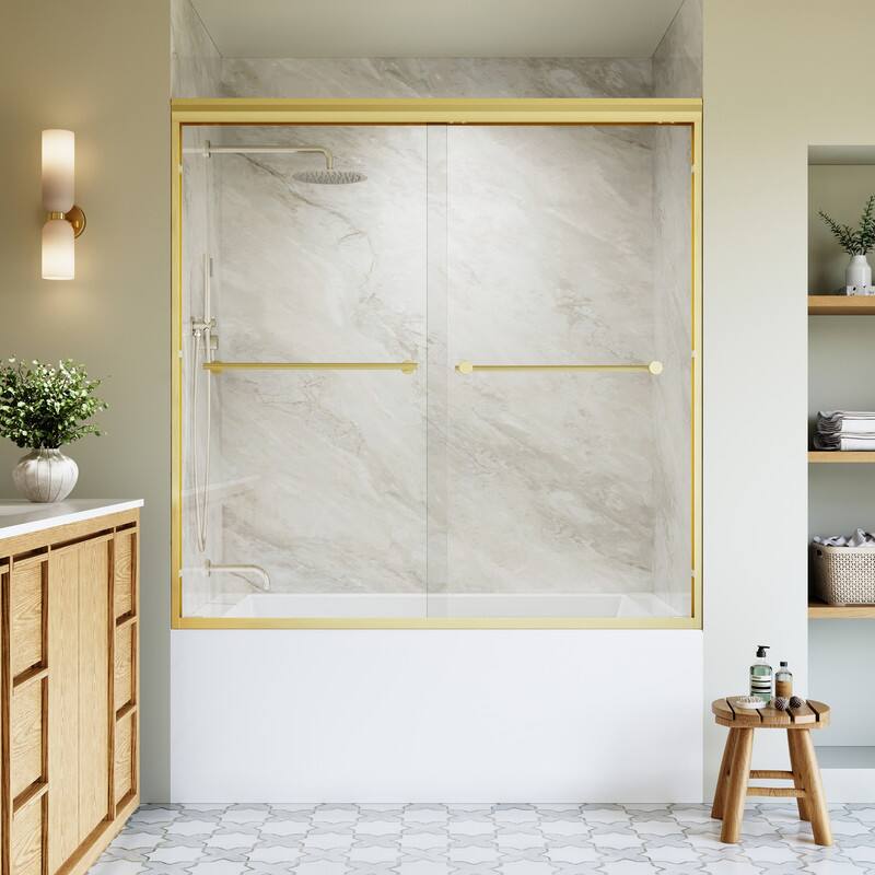 Angle. WELLFOR - 56-60 in. W x 60 in. H Framed Sliding Shower Door with 1/4 in. Clear Tempered Safety Glass,Reversible - Brushed Gold.