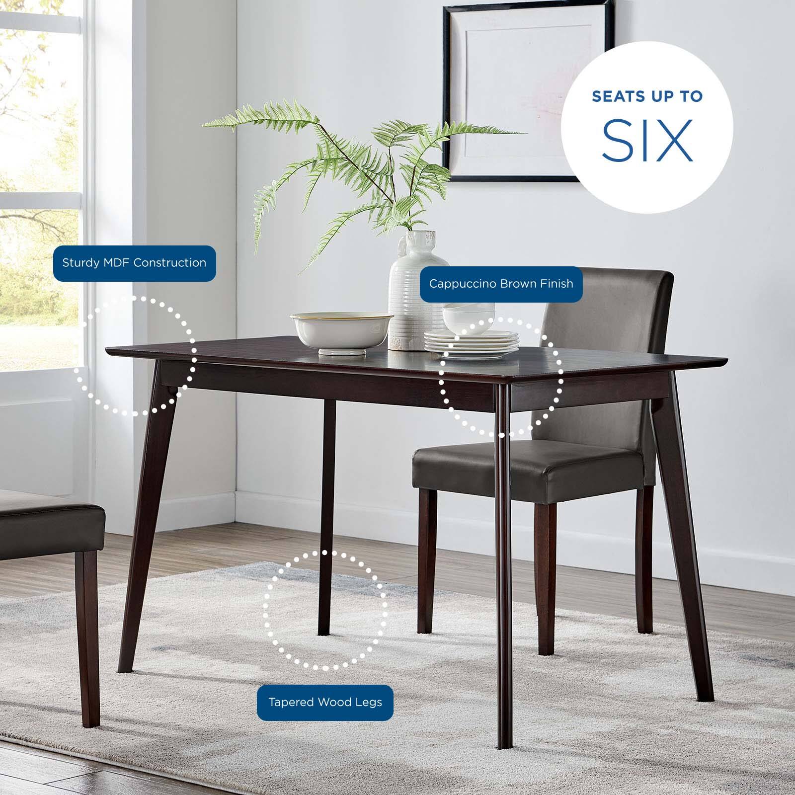 - Seats up to six
- Sturdy MDF Construction
- Cappuccino Brown Finish
- Tapered Wood Legs