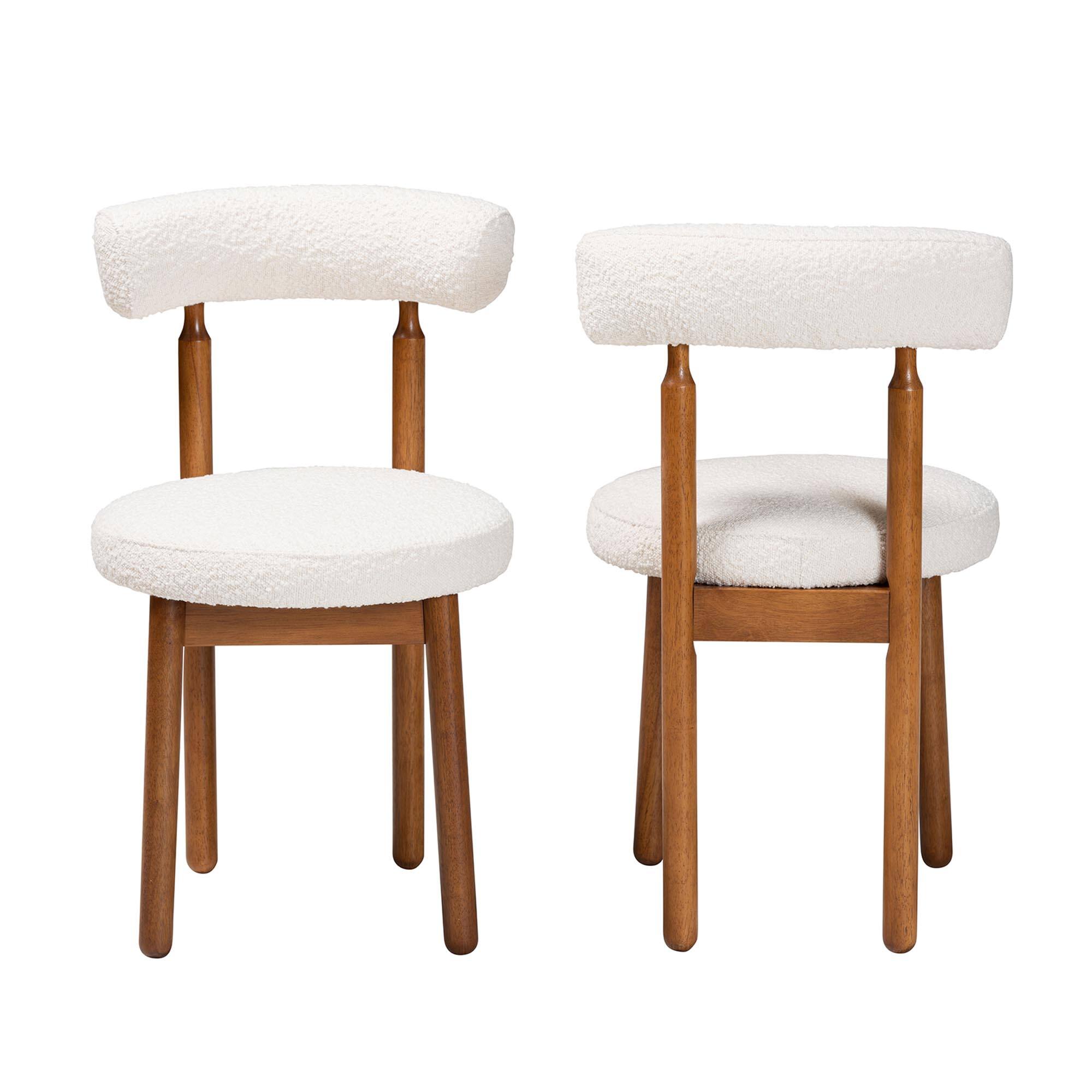 Angle. Baxton Studio - Edric Modern Japandi Cream Boucle Fabric and Finished Wood 2-Piece Dining Chair Set - Cream/Walnut Brown.