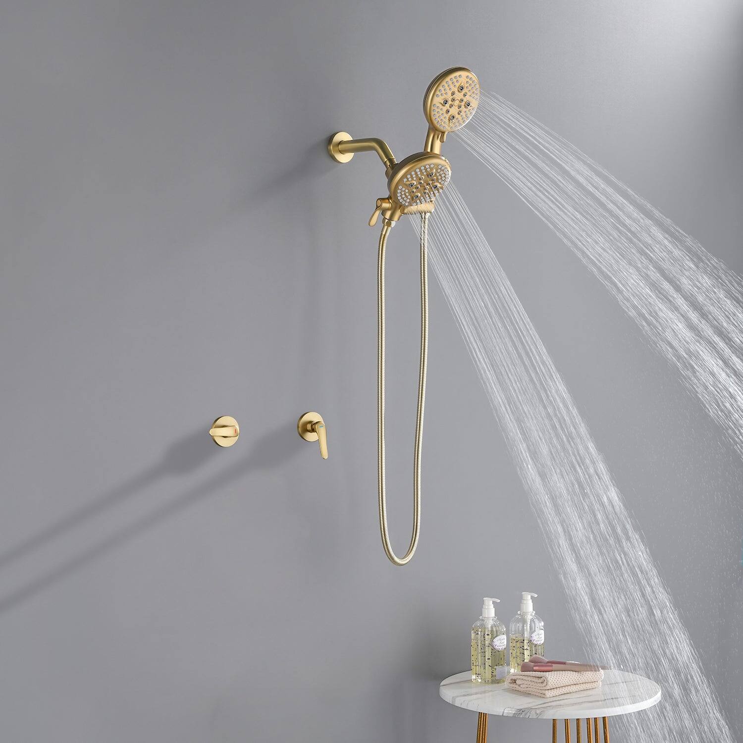 Alt View 3. Boyel Living - Brushed Gold Shower Set with Dual Handles and 5 Function ABS Dual Shower Heads - Brushed Gold.