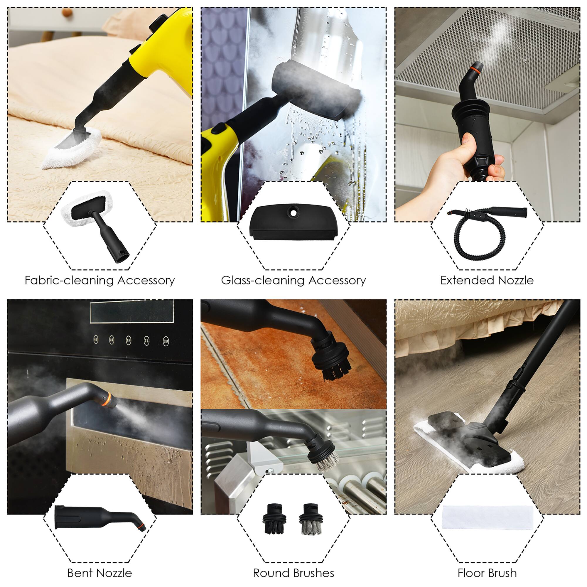 - Fabric-cleaning Accessory
- Glass-cleaning Accessory
- Extended Nozzle
- Bent Nozzle
- Round Brushes
- Floor Brush