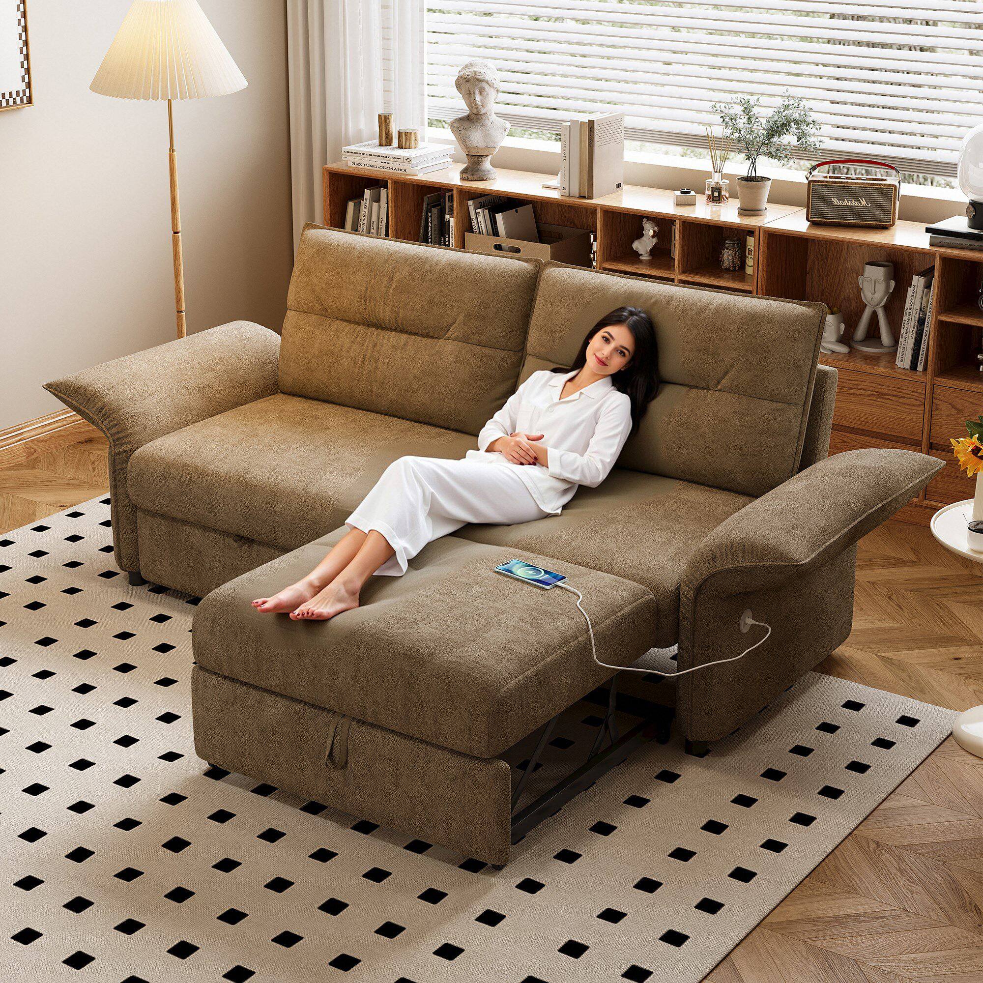 Angle. LUCKY ONE - 85" 2-in-1 Convertible Sofa Bed with Plush Upholstery and Built-in USB Charging Ports - Camel.