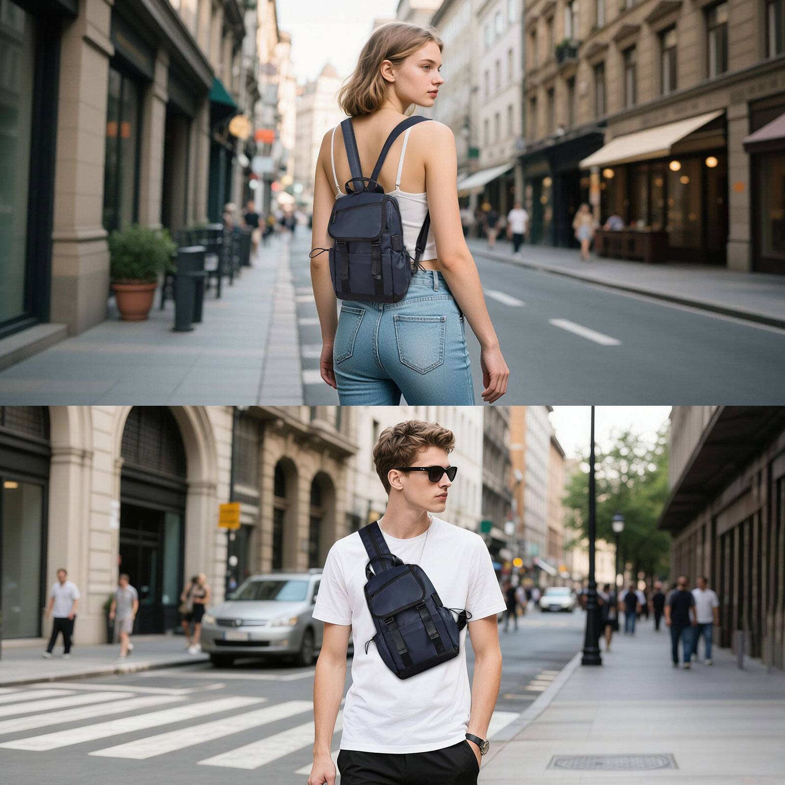 Alt View 1. Unique Bargains - Small Backpack Convertible Crossbody Bags with USB Charge Port Lightweight Casual Sling Shoulder for Outdoor Travel - Dark Blue.