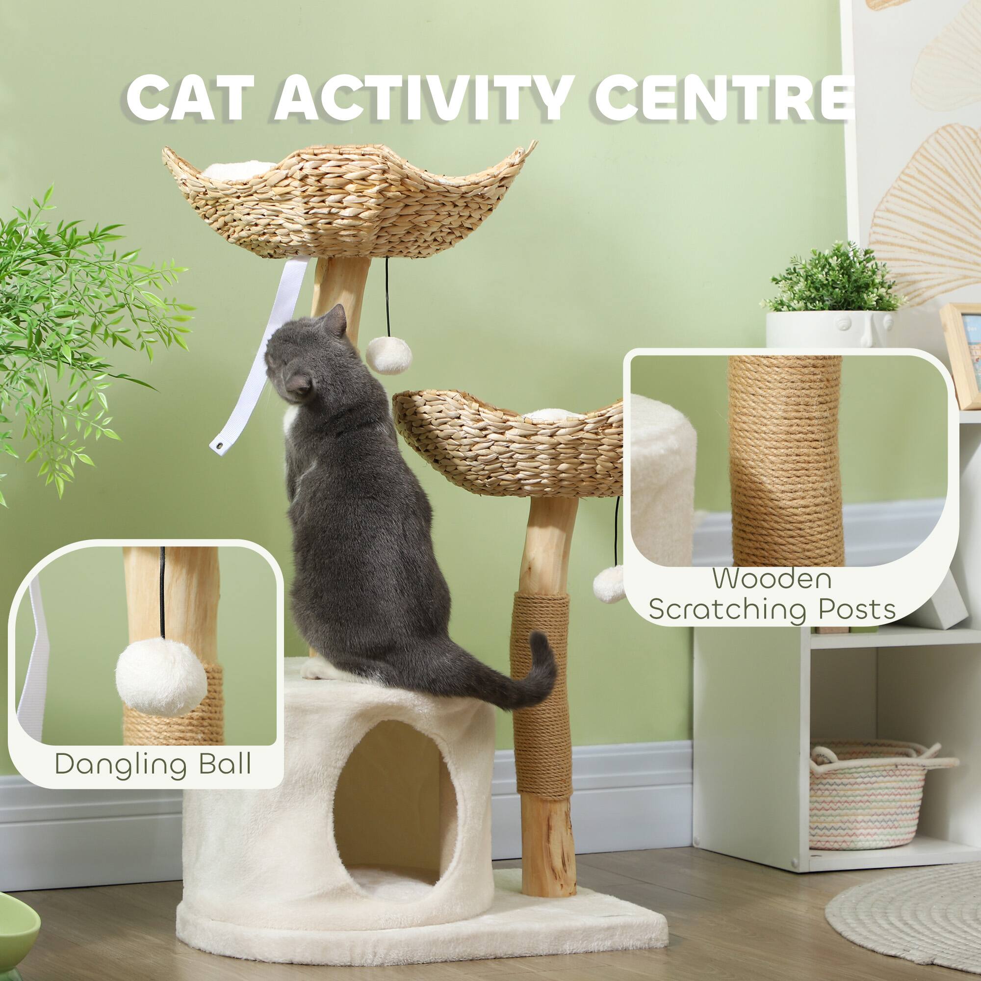 Back. Pawhut - 37" Cat Tree Tower for Indoor Cats, Modern Style with Wooden Scratching Posts, Condo, Beds, Toy Balls, Washable Cushions - Cream White.