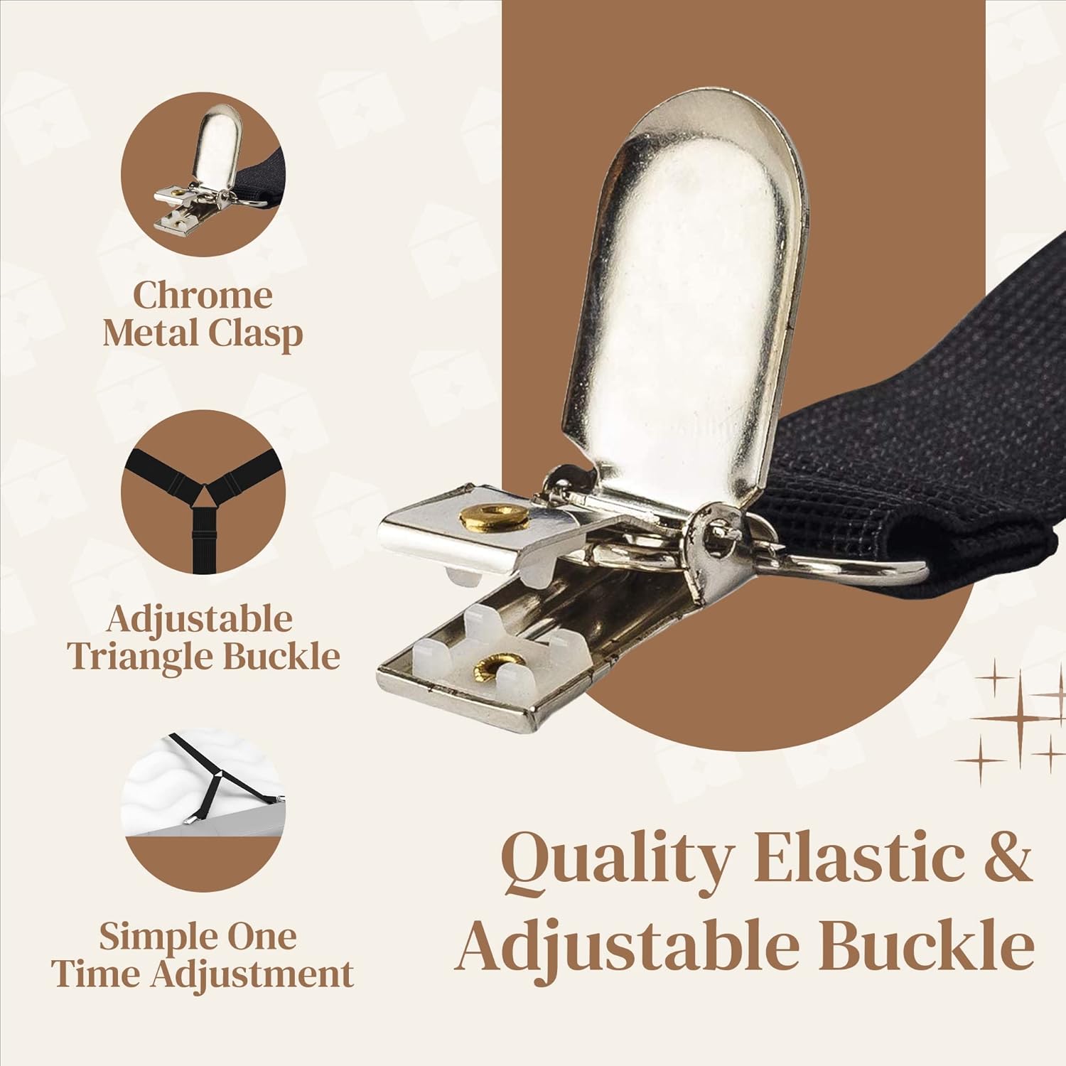 - Chrome Metal Clasp
- Adjustable Triangle Buckle
- Simple One Time Adjustment
- Quality Elastic & Adjustable Buckle